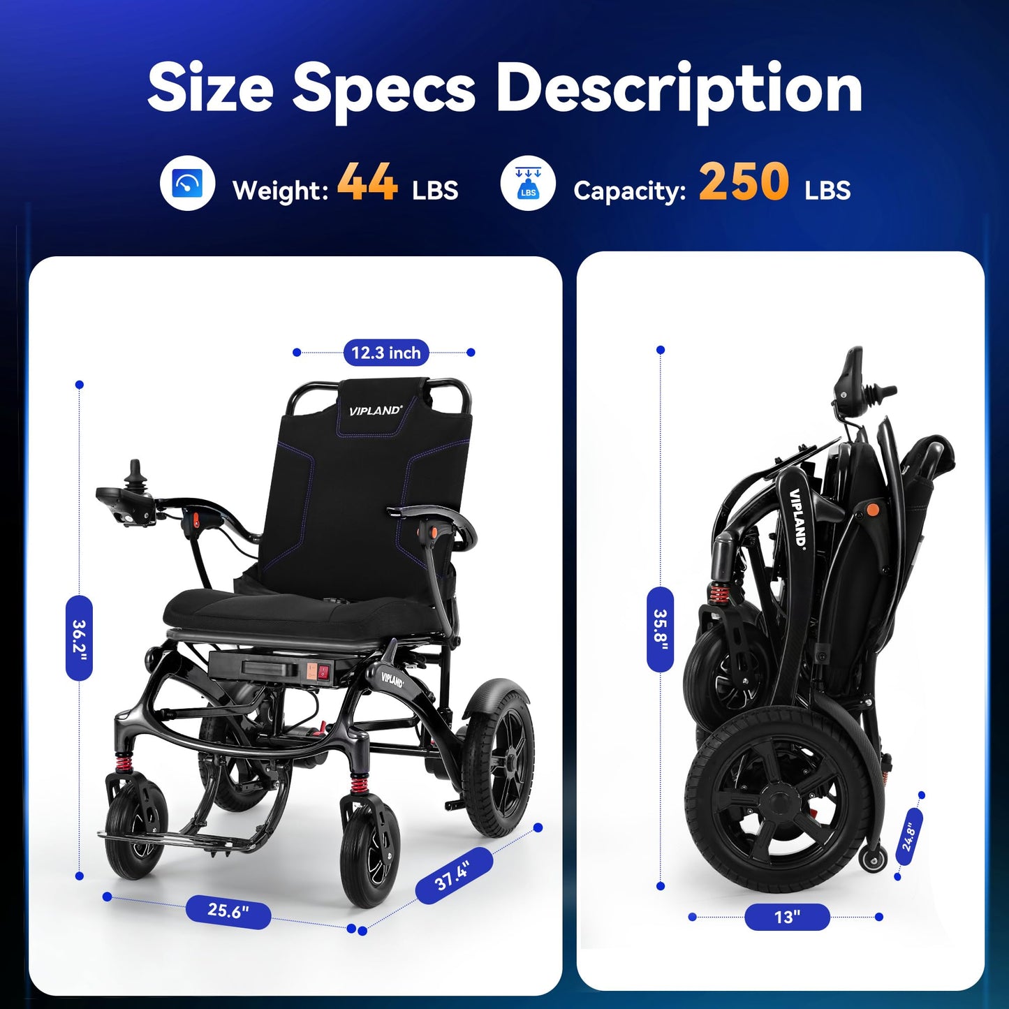 VIPLAND Carbon Fiber Electric Wheelchairs for Adults, Lightweight Foldable Motorized Wheelchair,15 Miles Range, All Terrain Airline Approved, 500W Brushless Motors with Tail Light, Only 44lb, Black