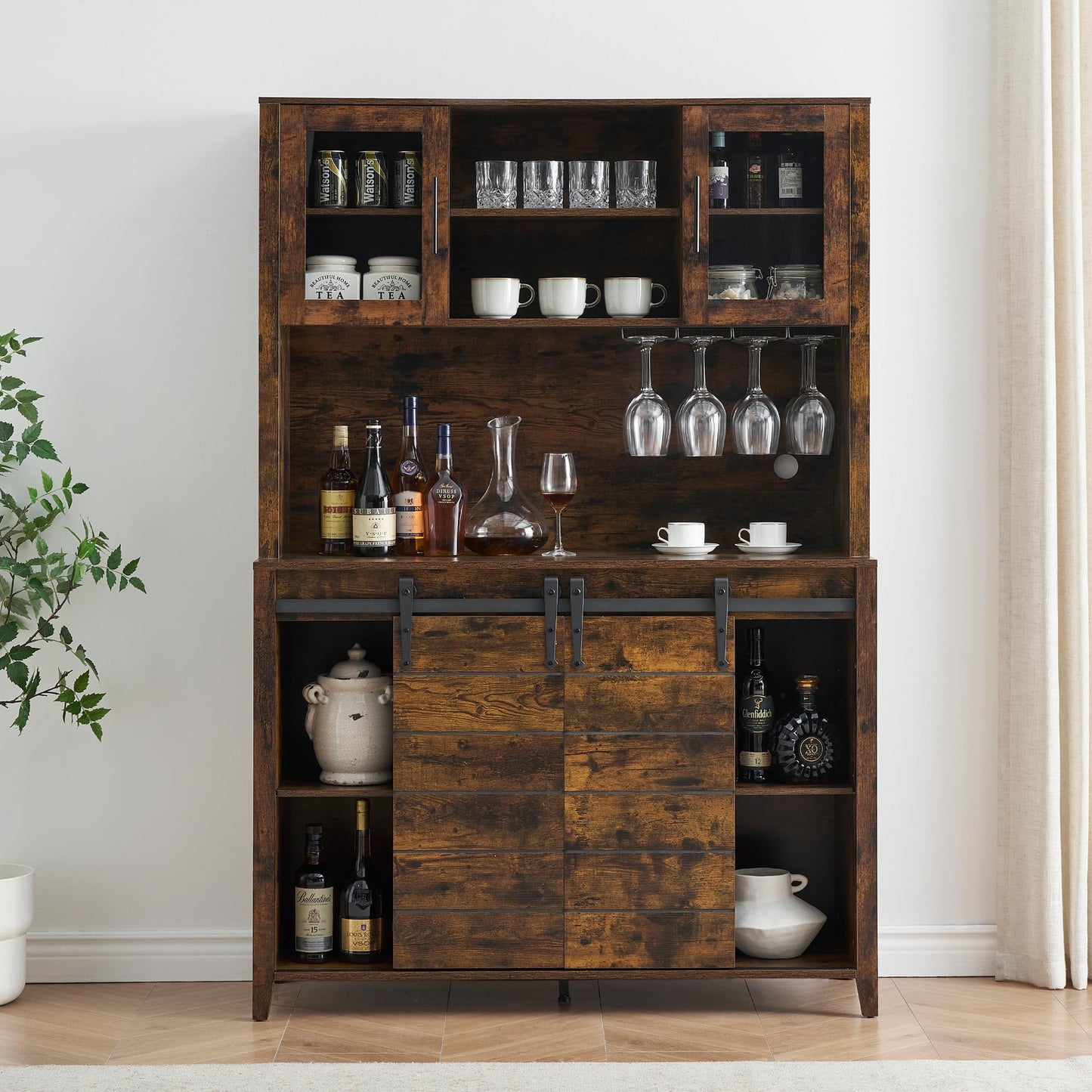 IDEALHOUSE 70'' Wine Coffee Bar Cabinet with Storage Hutch, Tall Kitchen Pantry Liquor Cabinet with Sliding Barn Doors, Bottle Glasses Rack, Farmhouse Buffet for Home Dining Room, Brown