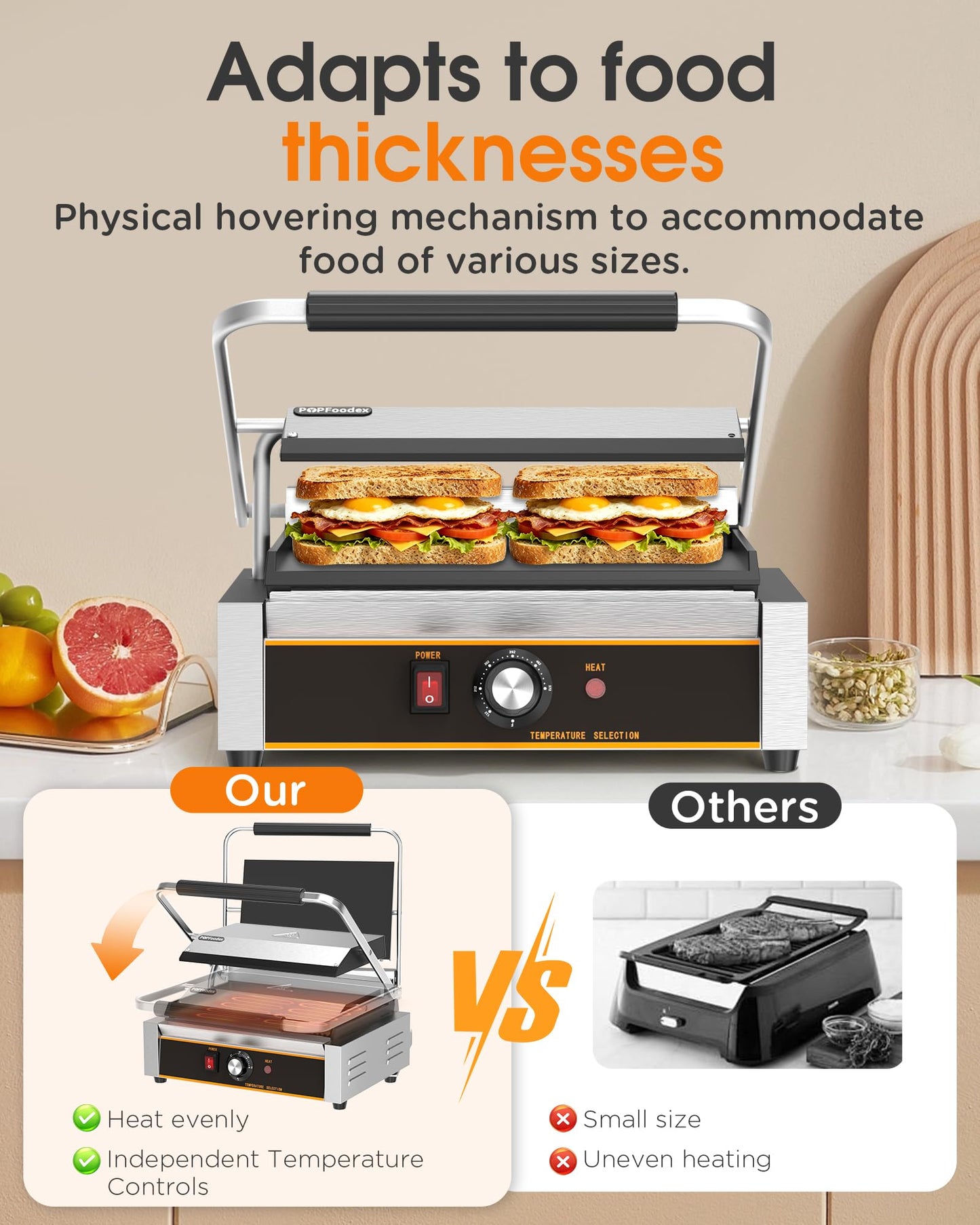 Popfoodex Commercial Panini Press - 2200W Electric Panini Sandwich Grill w/Nonstick Coating & Adjustable Temp, Stainless Steel, Panini Grill Press w/14"x9" Cooking Pan (Full Flat),Double-sided Heating
