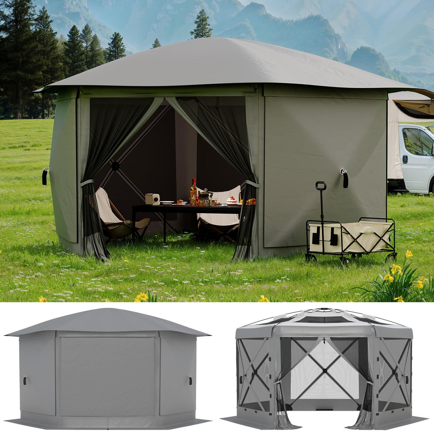 Garvee 12FT Pop-Up Gazebo 6-Sided, Outdoor Canopy Tent with Mosquito Netting, Removable Canopy Top & Wind Cloths for Camping, Backyard Parties, Outdoor Events, Grey