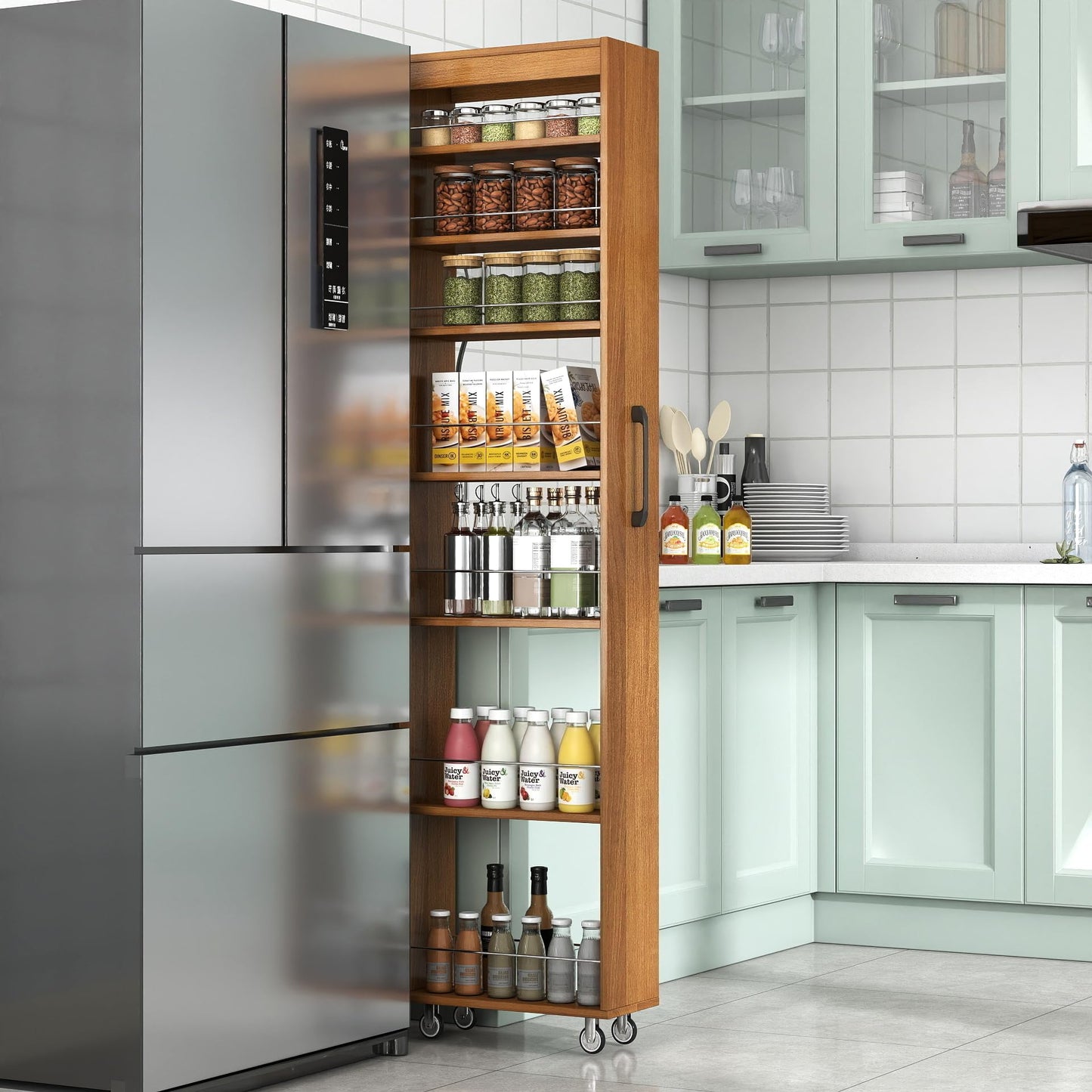 KEIKI 7 Tier Pull-Out Kitchen Pantry Storage Cabinet, Multi-Tier Single-Sided Open Shelf, Spice Rack Next to Fridge, Wood Hutch Food Pantries Cupboard for Coffee Bar, Dining Room, Narrow Spaces