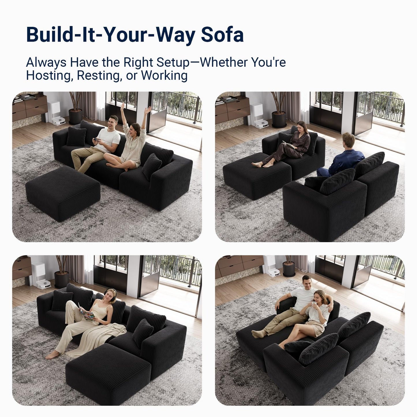 Avenco 141” U-Shaped Modular Sectional Couch Sofa with 4 Ottomans, Individually Wrapped Coil Support & Corduroy Fabric, Zero Assembly 8-Piece Set for Spacious Living Room, Black