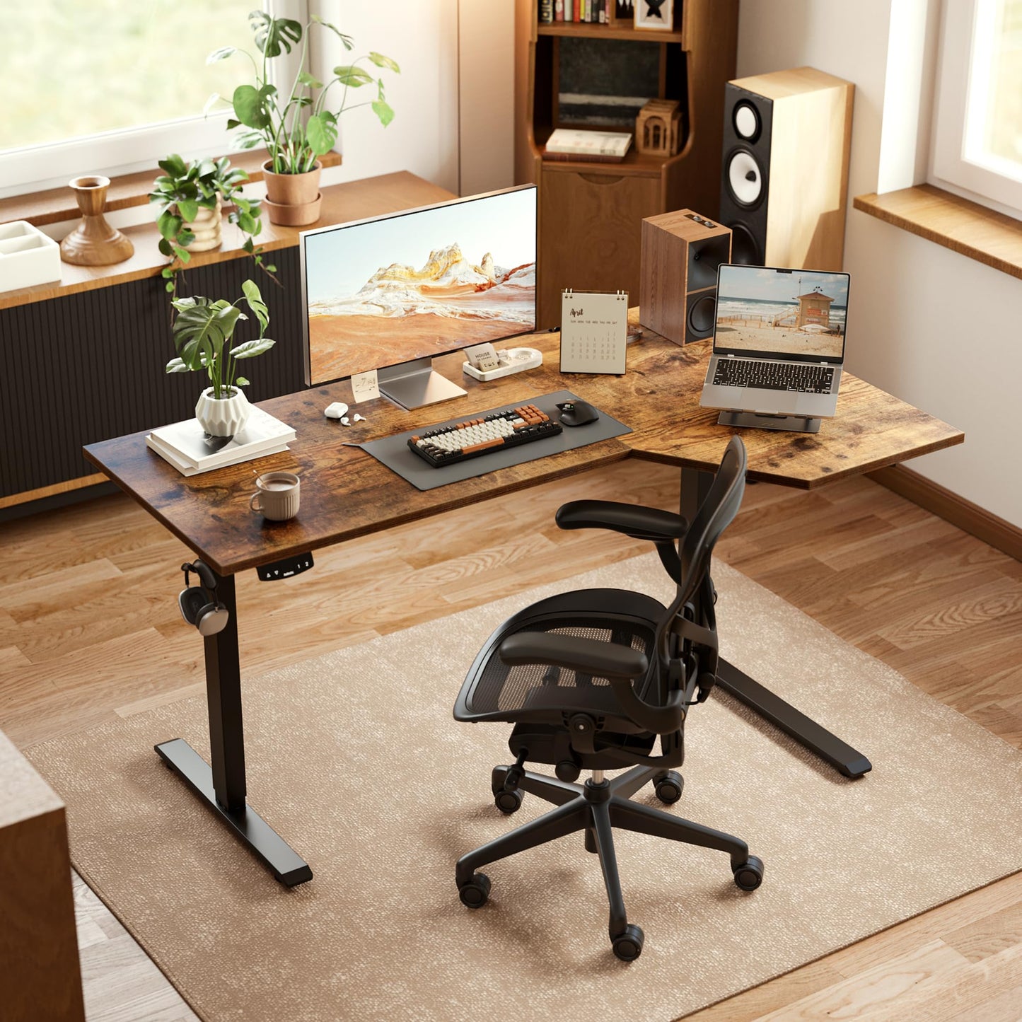 Agilestic Electric Standing Desk, Height Adjustable Desk, 55 x 32 Inch Sit Stand up for Work Office Home, L Shaped Ergonomic Rising Computer Table with Memory Preset, Rustic Brown