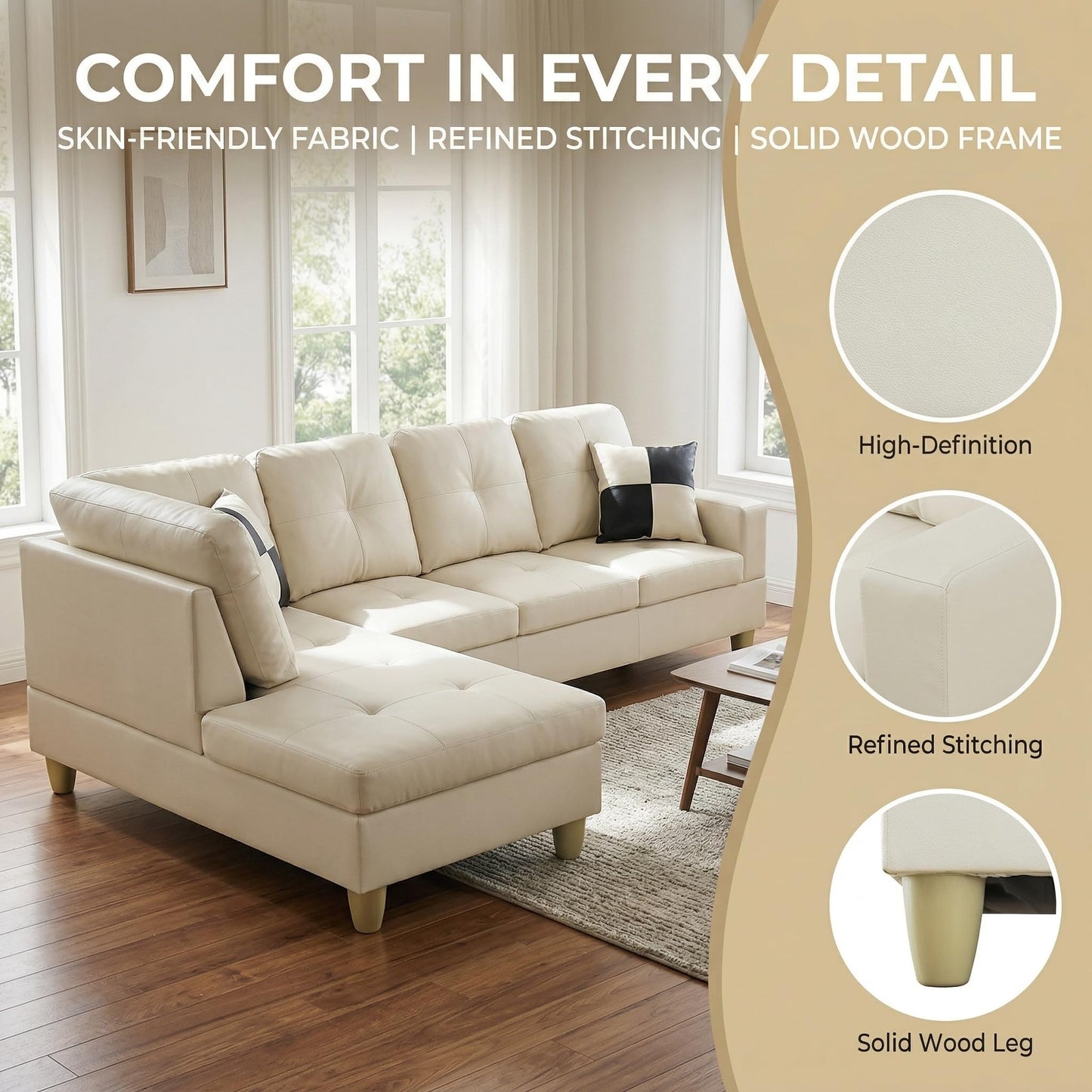 NicBex Leather 103.5" Sectional Couches for Living Room, 2-Piece L-Shaped Sectional Couch with Movable Lounge Chaise, Multi-Scene Use for Apartment & Office, White
