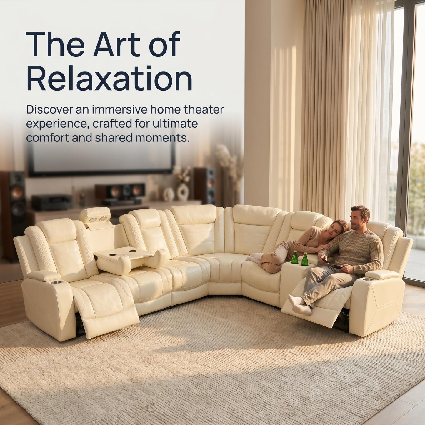 Trygoal Power Reclining Sectional Sofa Set, Modern L-Shaped Couch with Recliner, 4 Seat Power Reclining Sofa, Reclining Sectional Couches for Living Room, Home, Office, Leather, Off-White