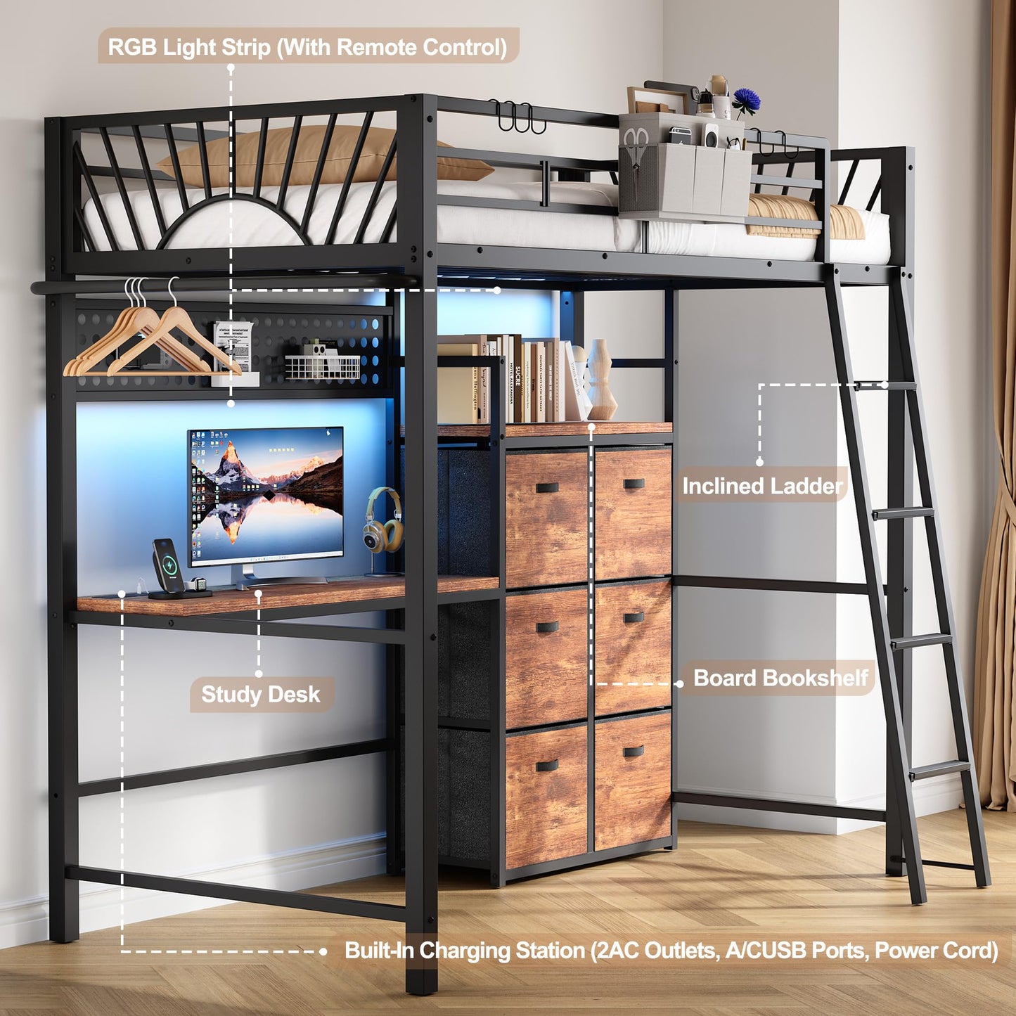Decofy Twin Loft Bed with Desk and 6 Storage Drawers, Metal Loft Bed Twin Size with Charging Station & LED Lights, Bed Frame with Hanging Rod, Safety Ladder & Guardrail, Bedside Caddy for Kids, Teens
