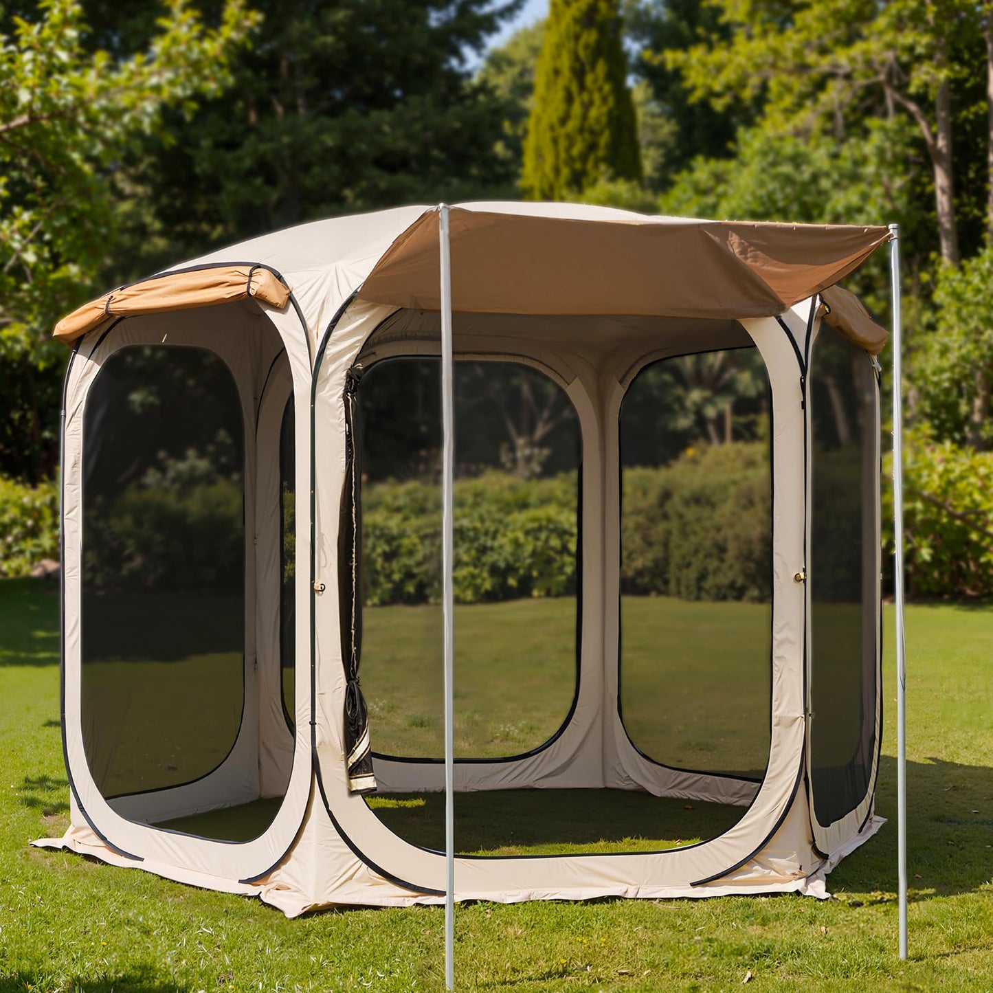 East Oak 12x12 FT Pop Up Canopy Tent with Mosquito Netting, Instant Gazebo Screen House with 6 Sunshades, UPF 50+ UV Protection Waterproof Outdoor Shelter for Patio, Backyard, Deck & Camping, Beige