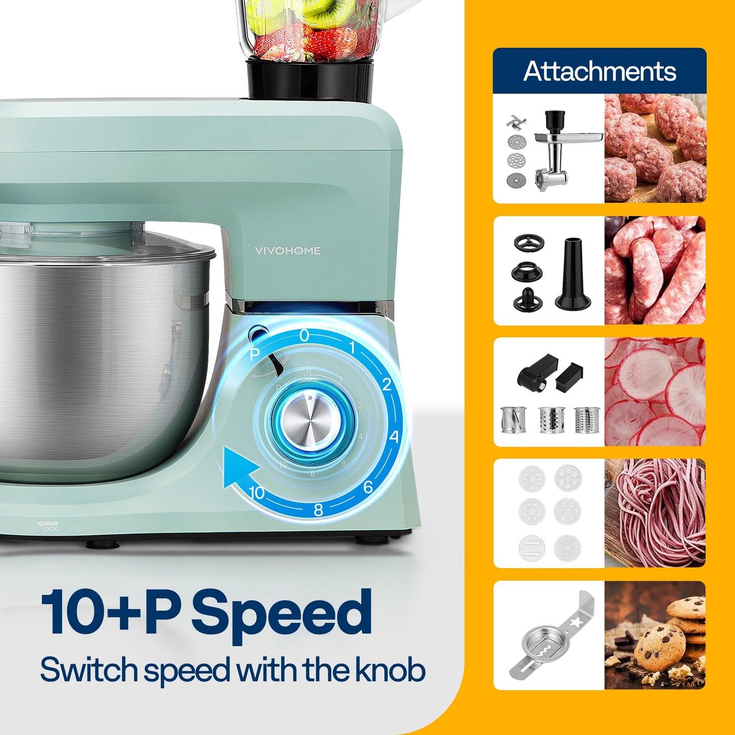 VIVOHOME 6-in-1 Stand Mixer, 8.5 Quart Electric Tilt-Head Kitchen Mixer with Bowl, Multifunctional Food Mixer for Cake, Bread, and Dough, with Meat Grinder, Blender, Pasta Maker Attachments, Blue