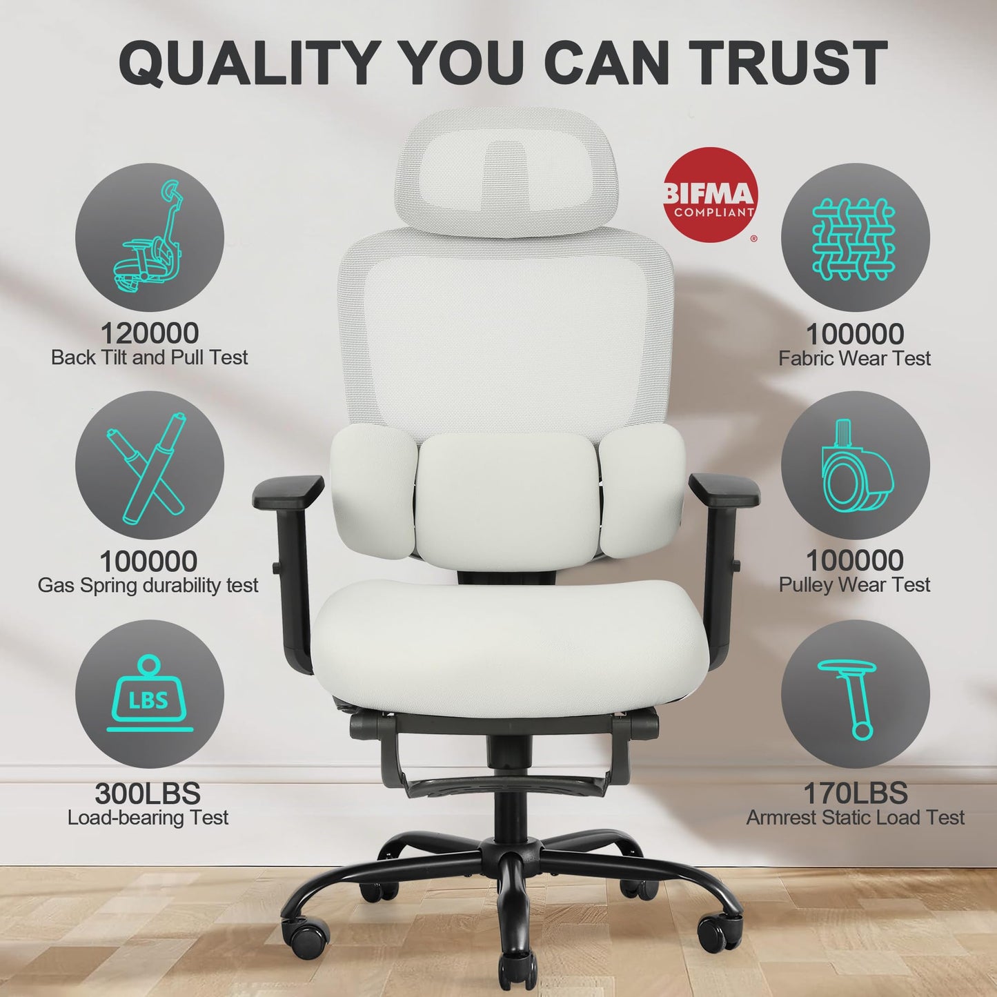 Ergonomic Office Chair with Footrest, Mesh Desk Chair with Adjustable Headrest & Armrests & Dynamic Floating Wing Lumbar Support, High Back Computer Chair for Home Office, BIFMA Certified, Grey