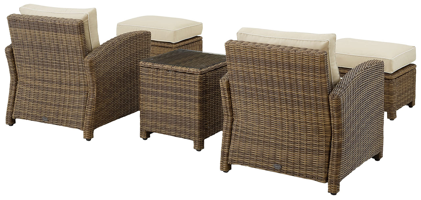 Crosley Furniture Bradenton 5-Piece Outdoor Chair Patio Furniture Set, Wicker Conversation Sets for Porch, Weathered Brown with Sand Cushions