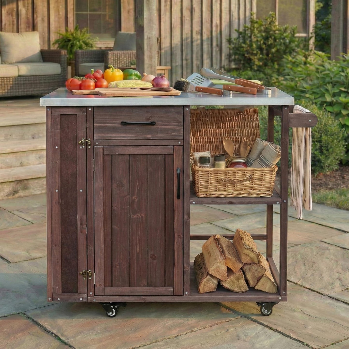 Outdoor Kitchen Island Cart with Stainless Steel Top, Rolling Grill Table with Storage Cabinet Drawer Shelves & Towel Rack, Wooden BBQ Prep Station with Lockable Wheels for Patio Backyard, Dark Brown