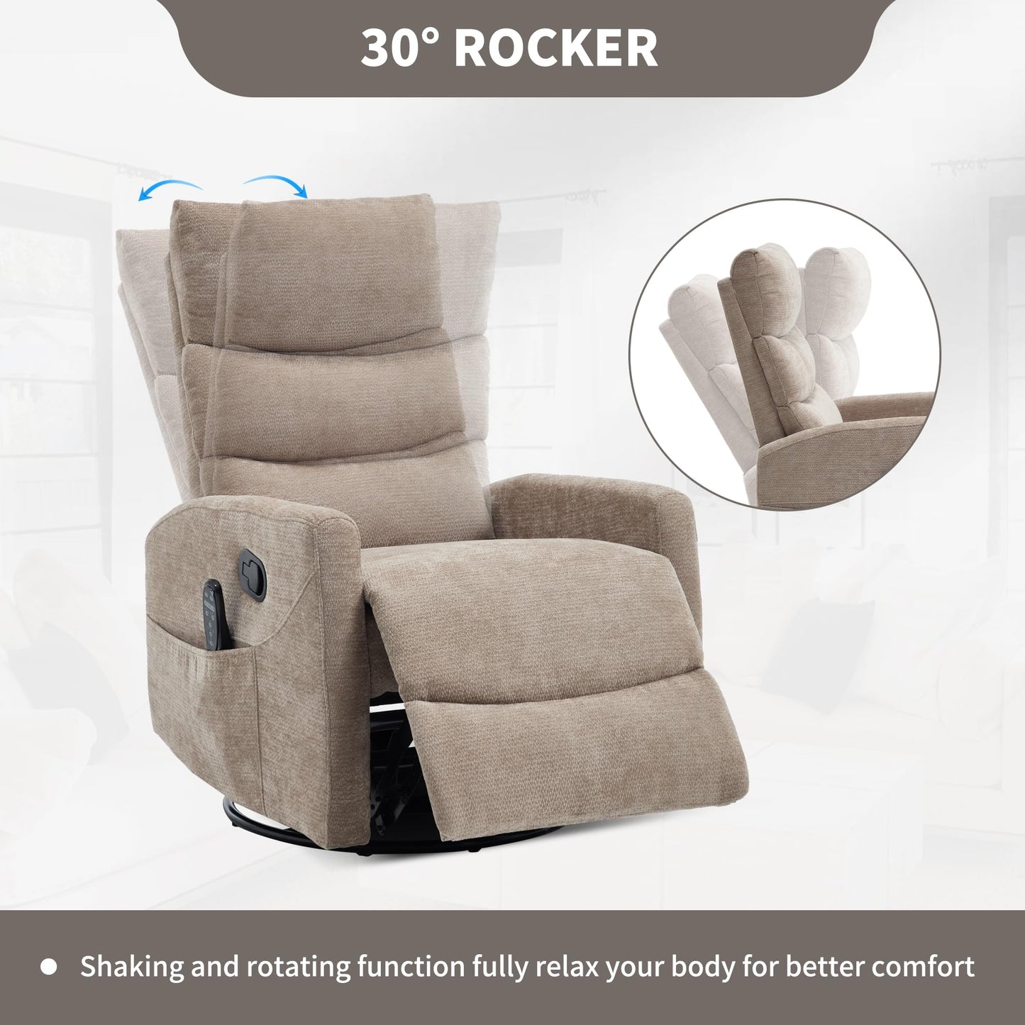 KEIKI 4-in-1 Manual Swivel Rocker Recliner Chair for Home Living Room, Chenille Chair with Back Massager & Heat, Home Theater Seating with Lumbar Support, Comfy Bedroom Chairs for Elderly, Khaki