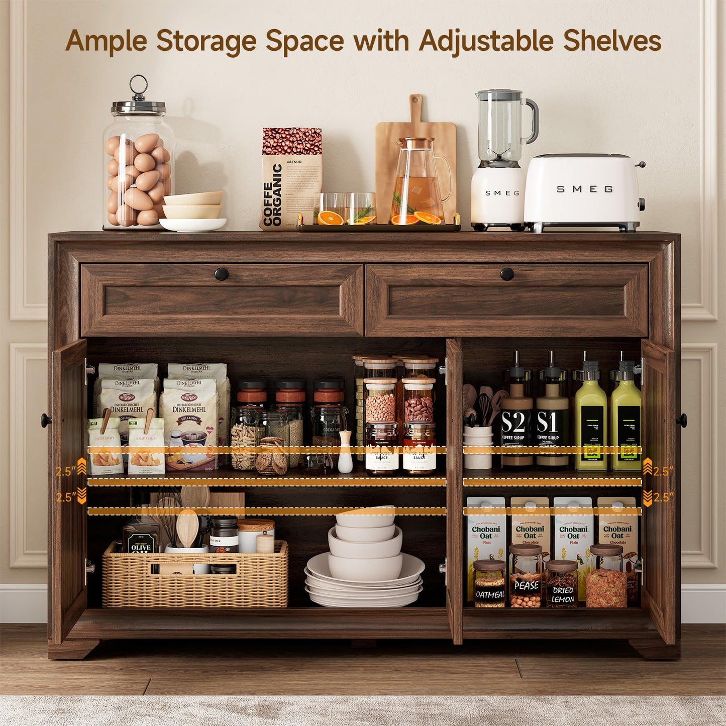 48 Inches Buffet Cabinet with Storage, Farmhouse Sideboard Buffet w/2 Drawers and 3 Doors, Wood Coffee Bar Cabinet with Adjustable Shelves, Kitchen Storage Cabinet for Dining Room/Living Room, Brown