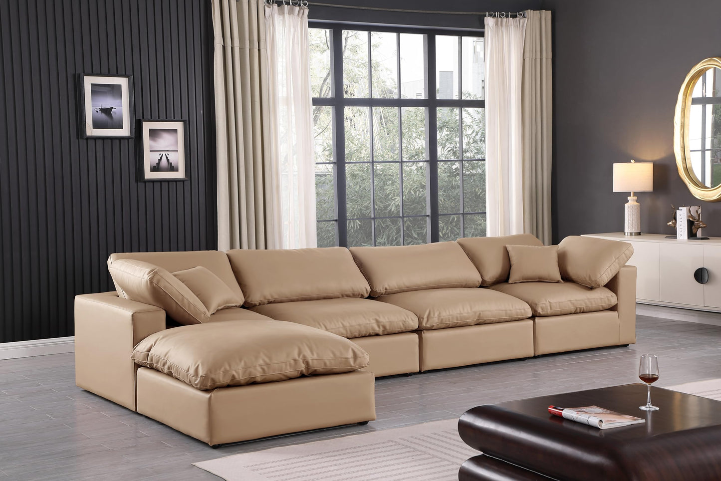 Meridian Furniture 188Tan-Sec5A Comfy Collection Modern | Contemporary Upholstered Modular Sectional, Soft Tan Vegan Leather, Fiber-Filled, 158" W x 79" D x 34.5" H, Tan
