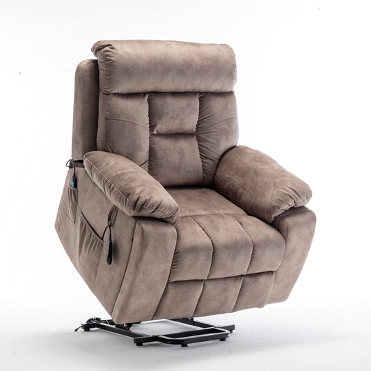 Power Lift Recliner Chair with Heat and Massage Oversized Electric Reclining Sofa Chair Wide Seat Living Room Recliner with Cup Holders for Adults, Light Brown