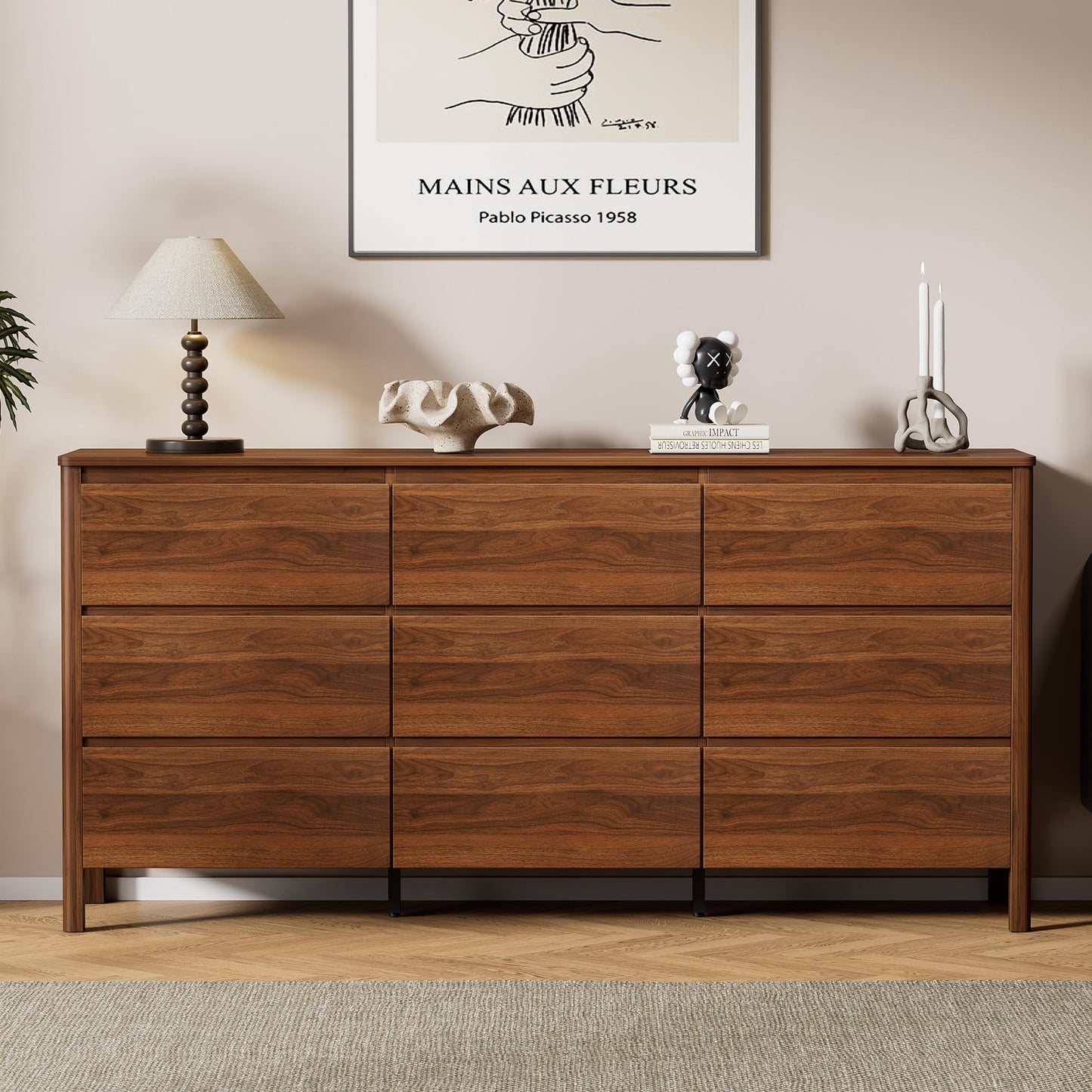 Furniway 63" Mid-Century Modern Dresser for Bedroom, 9 Drawer Wide Chest of Drawers with Wood Legs, Large Storage Bedroom Dresser, Walnut