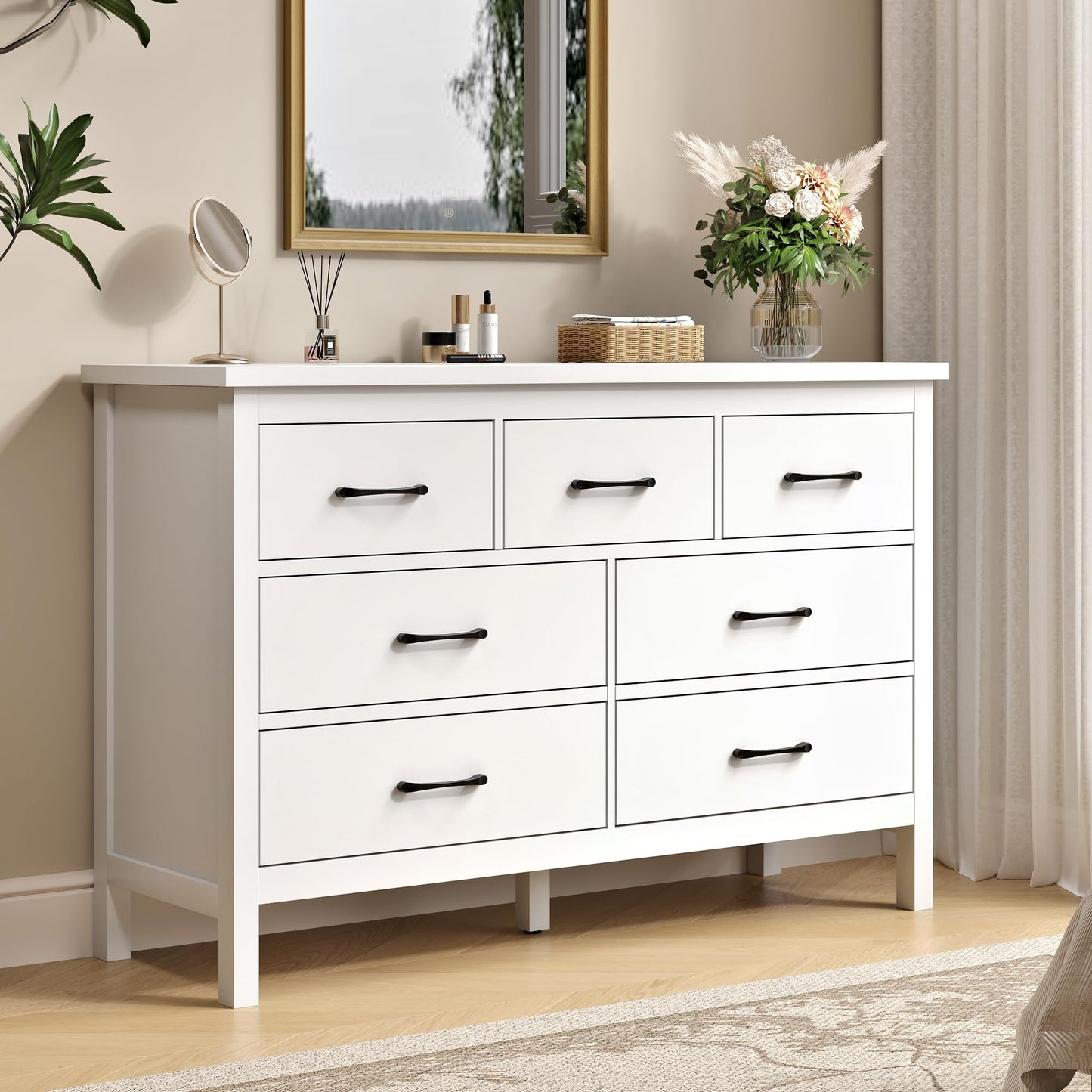 Tradare White Dresser for Bedroom with 7 Drawer,Wooden Double Dresser with Metal Handles, Wide Chest of Organizer Storage Drawers for Living Room, Hallway, Entryway