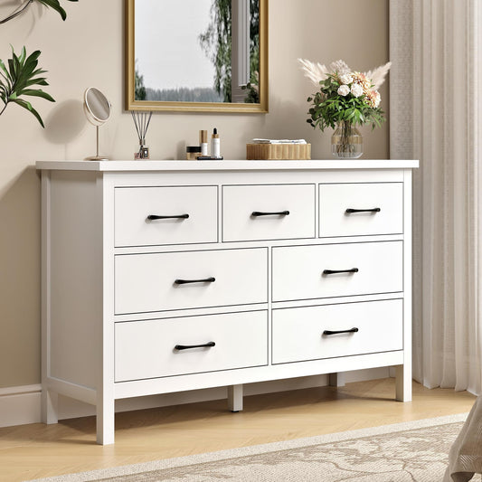 Tradare White Dresser for Bedroom with 7 Drawer,Wooden Double Dresser with Metal Handles, Wide Chest of Organizer Storage Drawers for Living Room, Hallway, Entryway