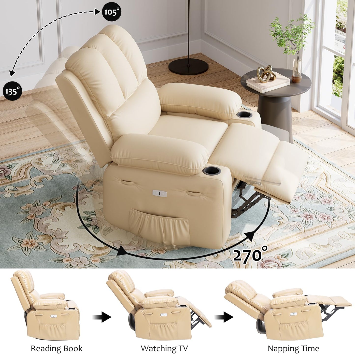 IDEALHOUSE Power Recliner Chair with Massage and Heat, Leather Fabric Reclining Sofa Chair, 360° Swivel Recliner Chairs with Cup Holder for Living Room, Bedroom, Nursery, Beige