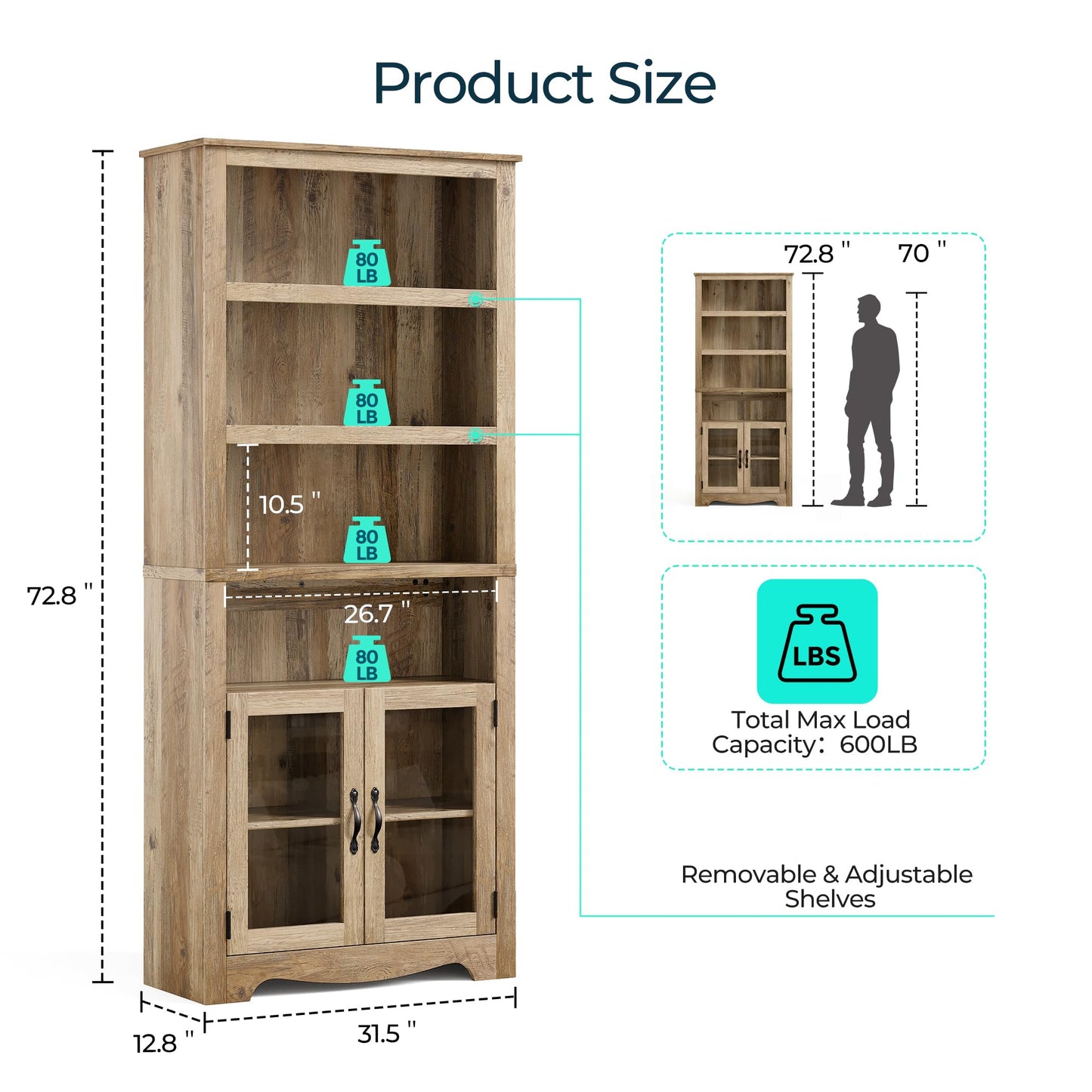 LINSY Bookshelf with Doors, 6 Shelf Bookcase Tall Bookshelves, 73" Farmhouse Book Shelf with Storage Cabinet, Wood Book Shelves for Living Room, Bedroom, Office, Rustic Brown
