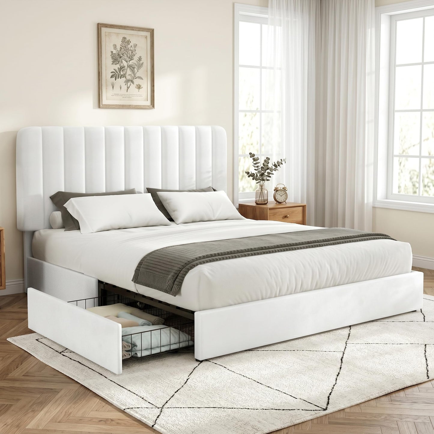 VECELO Queen Size Upholstered Bed Frame with 4 Drawers and Headboard, Velvet Platform Storage Bedframe, Wooden Slats Support, No Box Spring Needed,Snow-White