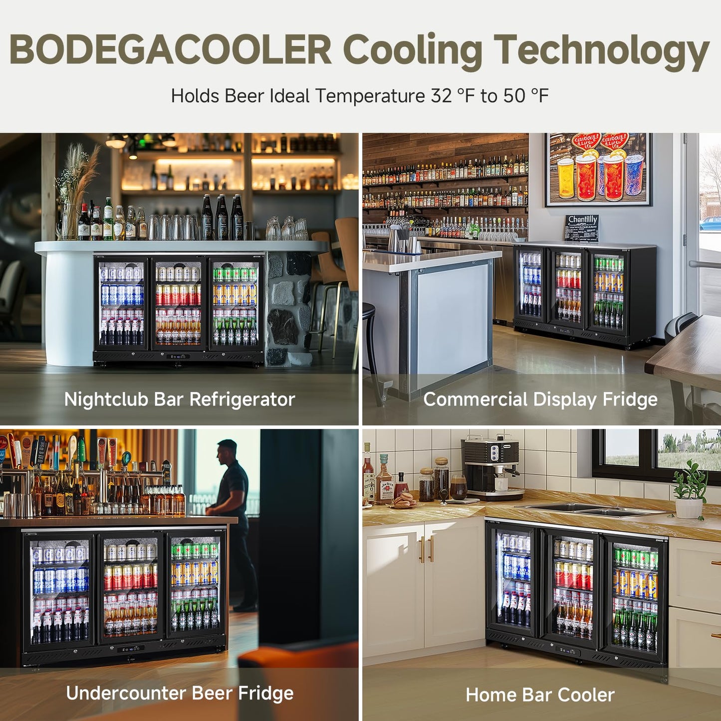 BODEGACOOLER Commercial Bar Cooler With 3 Glass Doors,12 Cu.Ft Counter Height Back Beverage Refrigerator,Display Bar Fridge with LED Lighting,Beverage Cooler for Beer Stainless Steel Top,With Casters