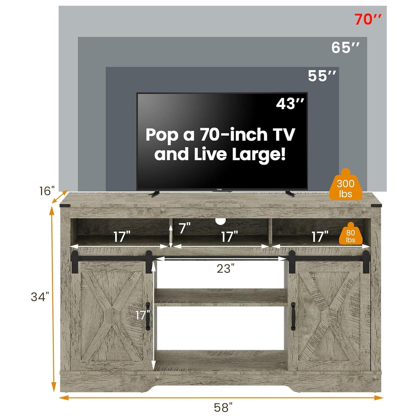 RoyalCraft Farmhouse TV Stand for 23" Electric Fireplace, 34'' Tall Entertainment Center for 65+ Inch TV, 34" Tall Rustic TV Console with Sliding Bar Door for Living Room (Light Grey)