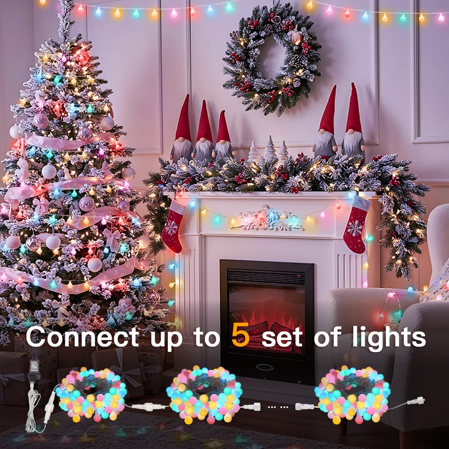 suddus 66ft 200 LED Connectable Globe String Lights, Multicolor, Indoor/Outdoor, with Timer, Model SD-200GMC1
