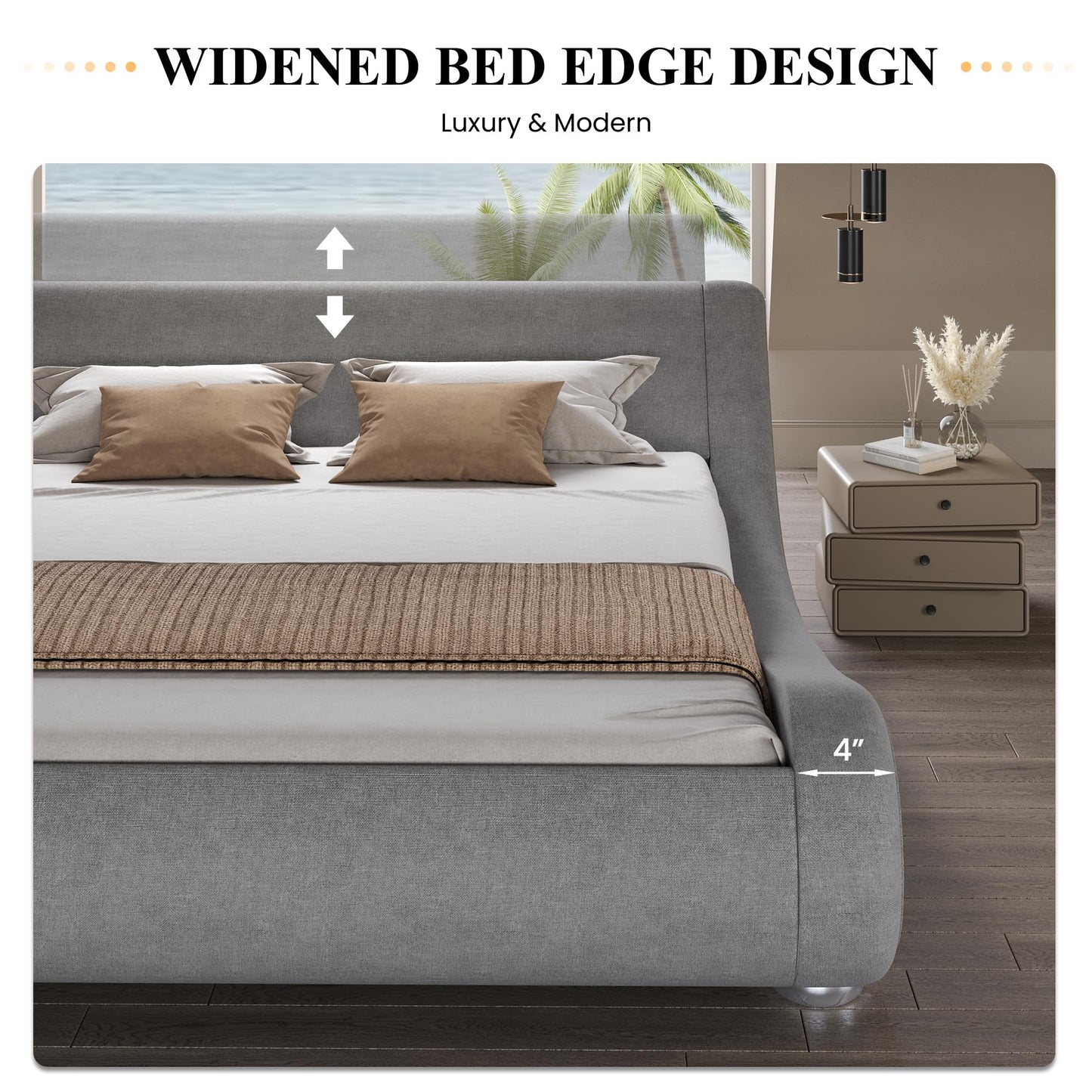 SHA CERLIN Queen Size Upholstered Bed Frame, Deluxe Low Profile Sleigh Bed with Linen Ergonomics Headboard, No Box Spring Needed & Easy Assembly, Grey