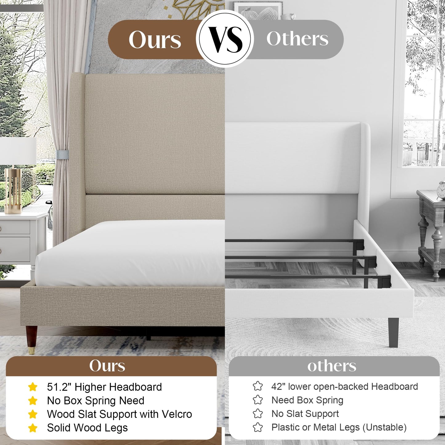 PaPaJet Queen Bed Frame with 51.2" Tall Wingback Headboard,Line Upholstered Platform Bed,Solid Wood Legs,No Box Spring Needed,Noise-Free&Easy Assembly,for Couples, Guest Room, Apartment,Light Khaki