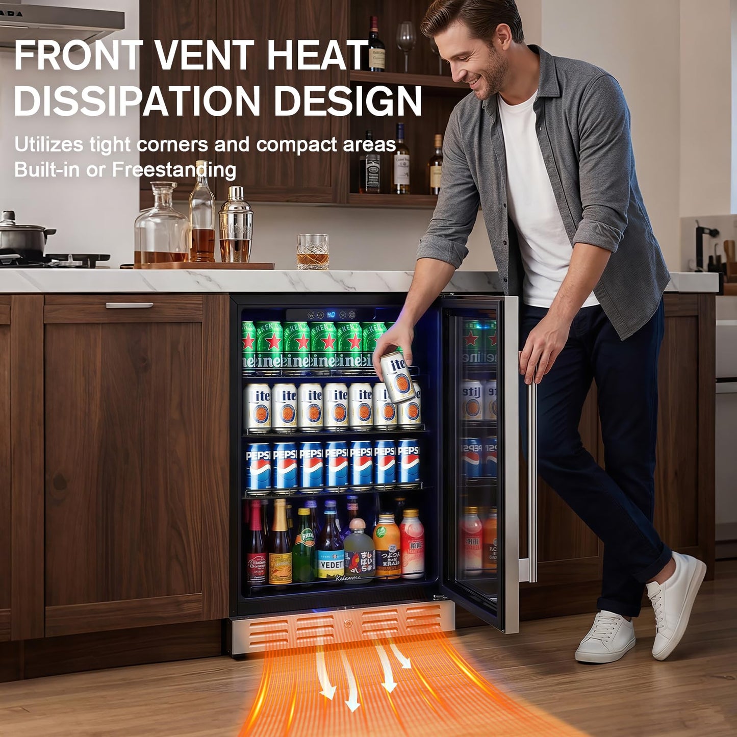 Kalamera 24 Inch Beverage Refrigerator, 164 Cans Under Counter Beverage Cooler for Beer Wine, Built-in/Freestanding Drink Fridge with Glass Door & Adjustable Shelves for Home Kitchen Office Bar