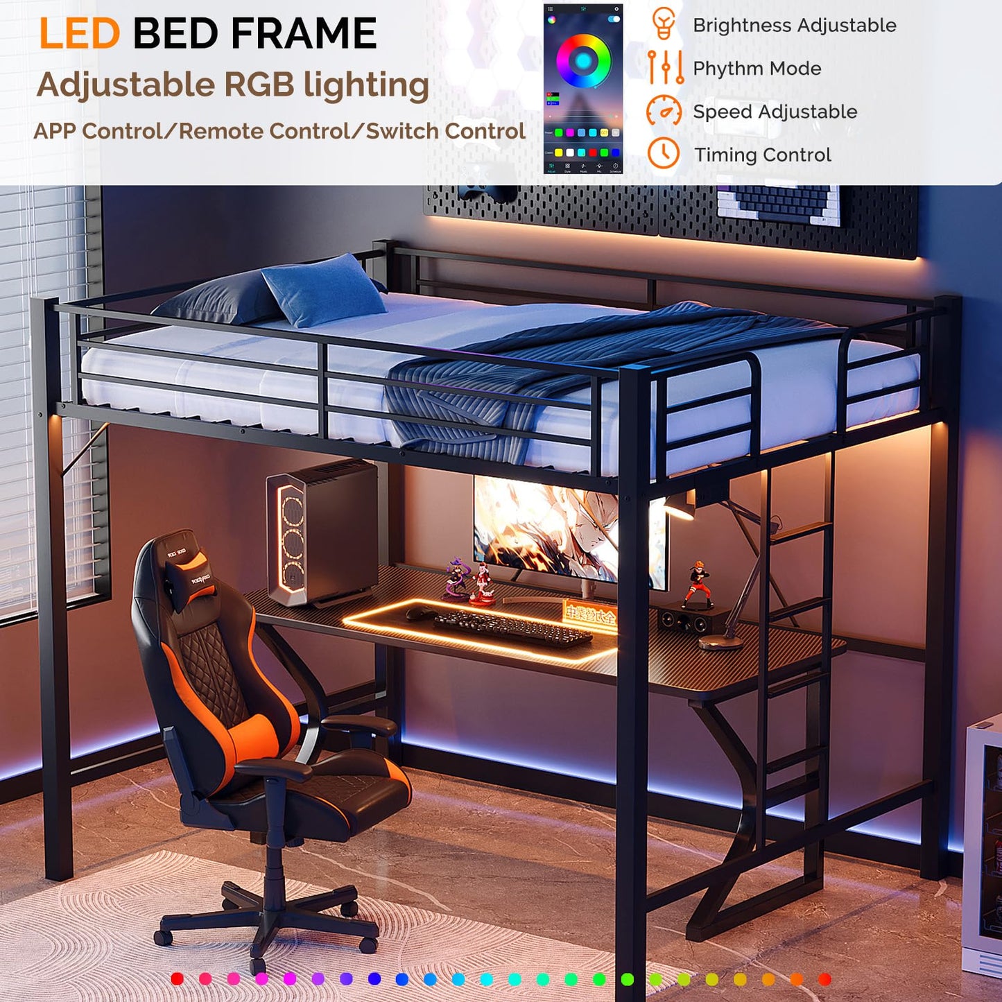 VINGLI Loft Bed Queen Size with Charging Station and LED Lights,Safety Guardrail and Stair for Teens/Adults, No Box Spring Needed, Heavy Duty Metal Support Slat, Black