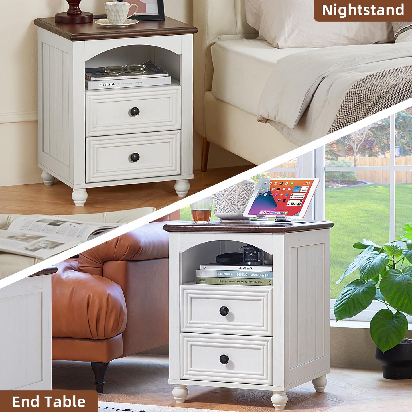 RWYHG 18" Farmhouse Night Stands Set of 2 with Charging Station, Wooden Nightstand with 2 Drawers, Bedside End Table with Storage, Bed Side Tables Cabinet for Bedroom, Living Room, and Closet(White)