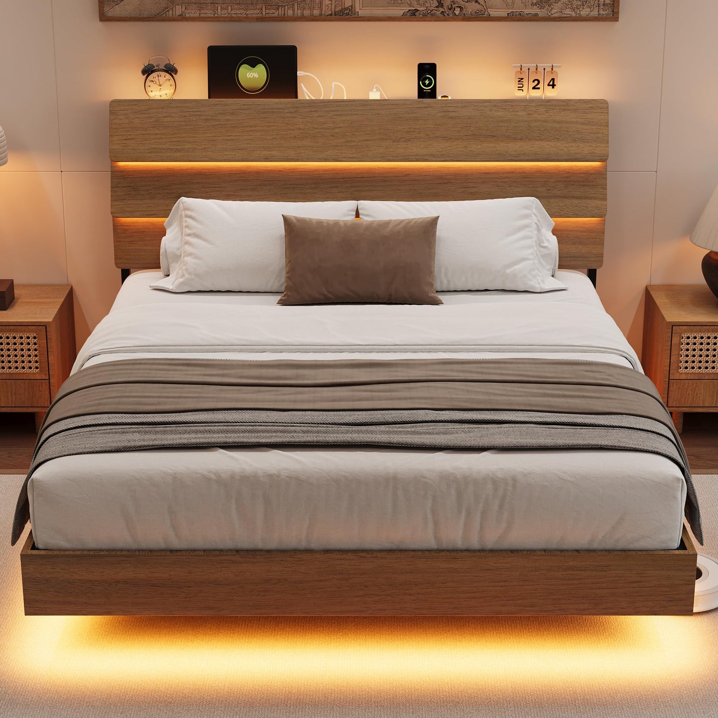 Einhomn Floating Bed Frame Full with Led Lights and Charging Station, Full Size Platform Bed Frame w/Storage Headboard, Heavy Slats Support, No Box Spring Needed, Noise Free, Easy Assembly, Walnut