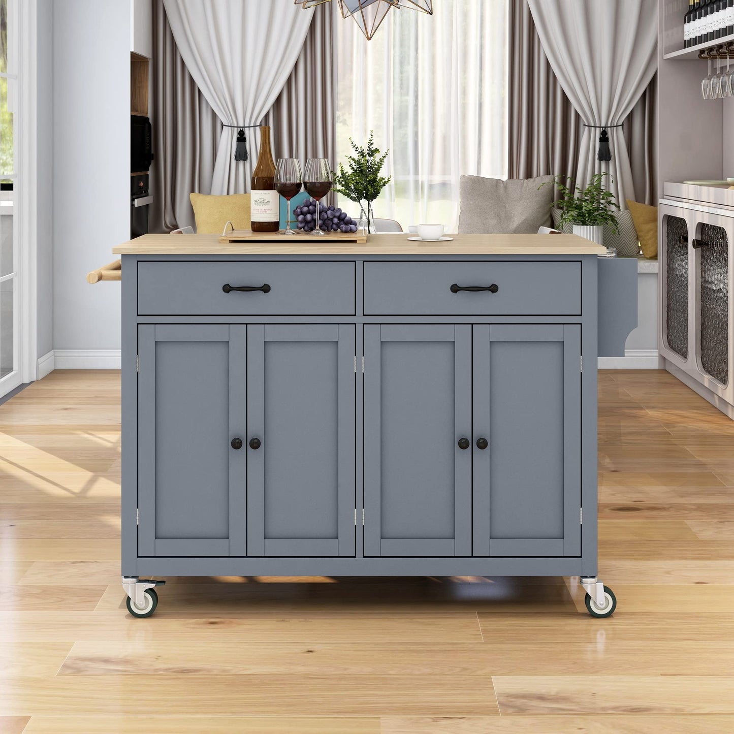 Favfurish Kitchen Island with Solid Wood Top and Locking Wheels,54.3 Inch Width Kitchen Cart W/ 4 Door Cabinet / 2 Drawers/Spice Rack/Towel Rack,for Dining Room,Home Bar,Gray