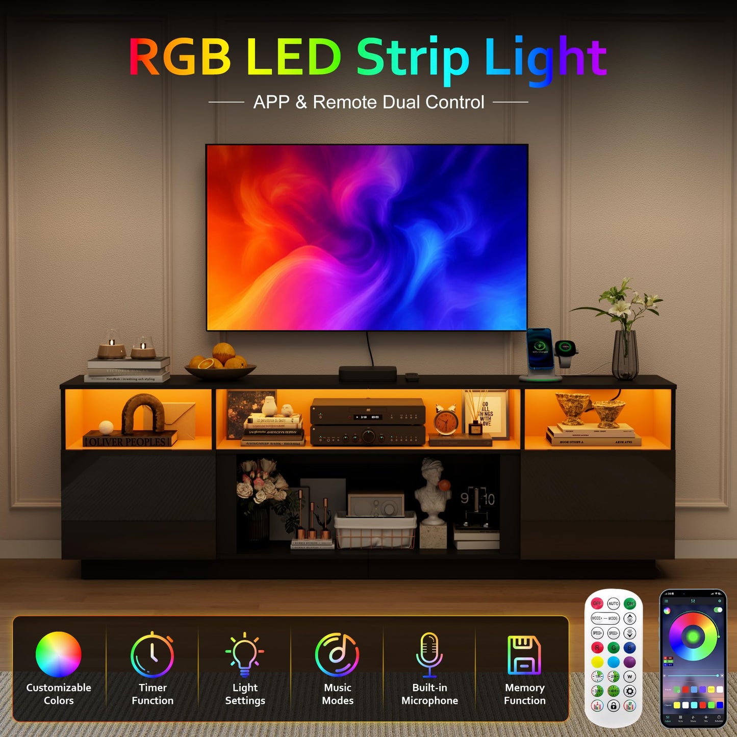 80" TV Stand for TVs up to 85", Multifunctional Entertainment Center with Large Storage & RGB LED Lights, TV Cabinet with Power Outlet, Modern TV Console for Living Room, Bedroom, and Rec Room, Black