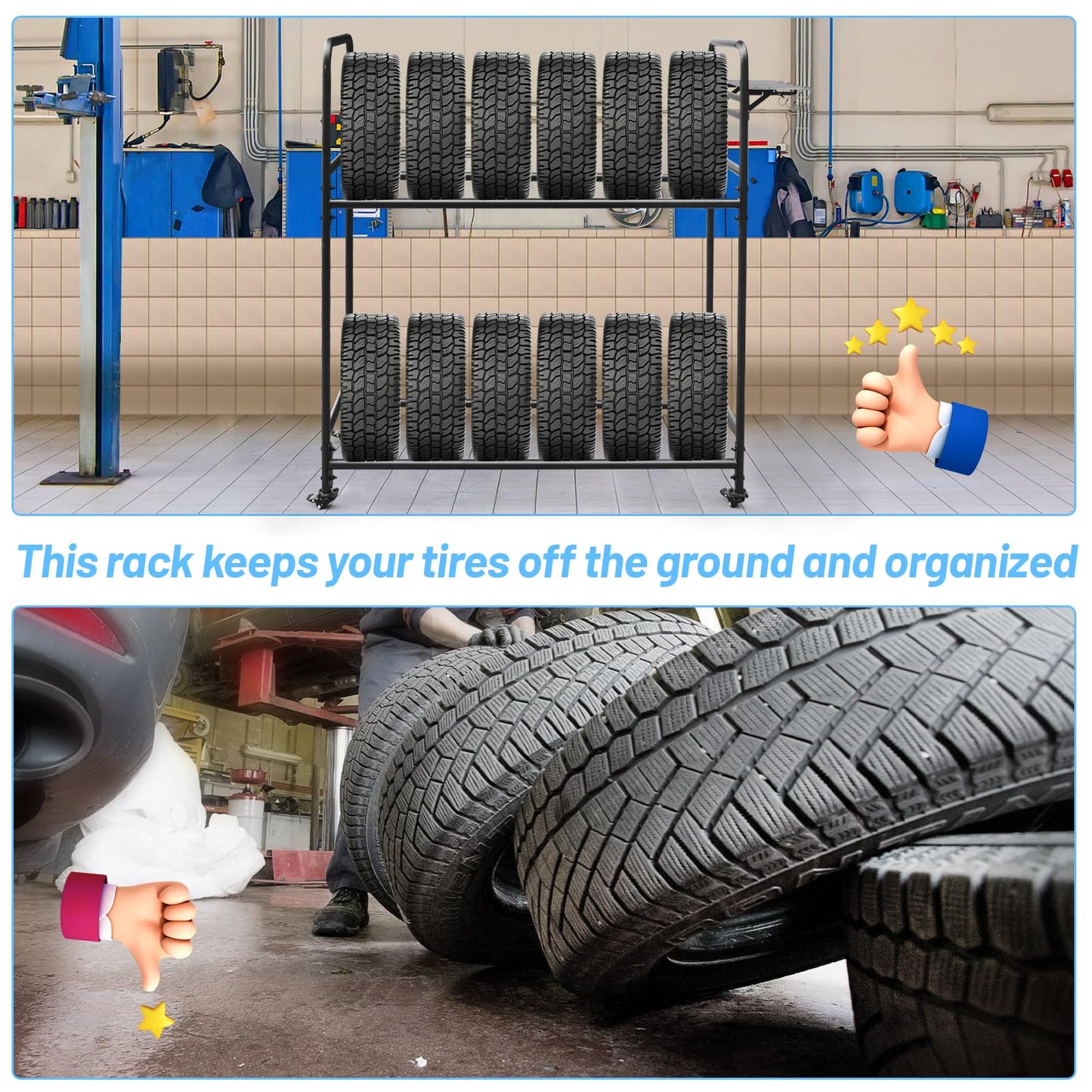 ZUIWAN Rolling Tire Rack for Garage, Adjustable Metal Tire Rack with Foldable Heavy-Duty Hole Board, 4 Self-Locking Swivel Casters, 59” Height, 660 Pound Capacity