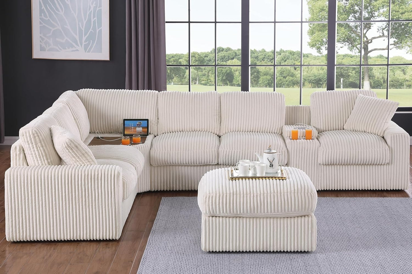 Ball & Cast 127" Oversized Modular Sectional Sofa L-Shaped,Large Corduroy Upholstered Couch 7 Seat with Ottoman,Cup Holders & USB Ports,Comfty Sectionals W/Pillows & Storage Box,for Living Room,Beige