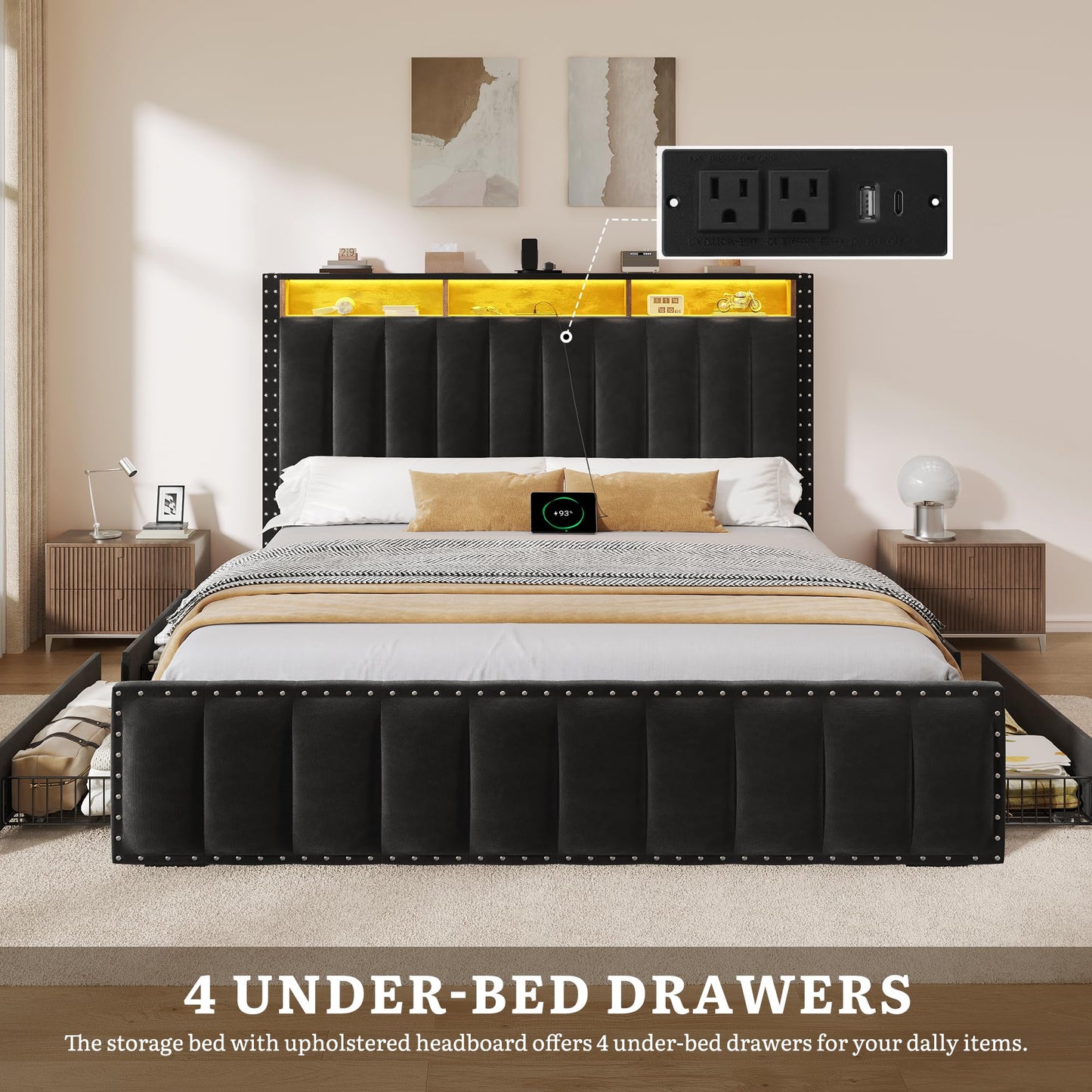 DWVO Queen Size Bed Frame with 4 Storage Drawers and RGB LED Lights, Velvet Upholstered Platform Bed with Charging Station and Bookcase Storage Headboard, No Box Spring Needed, Easy Assembly, Black