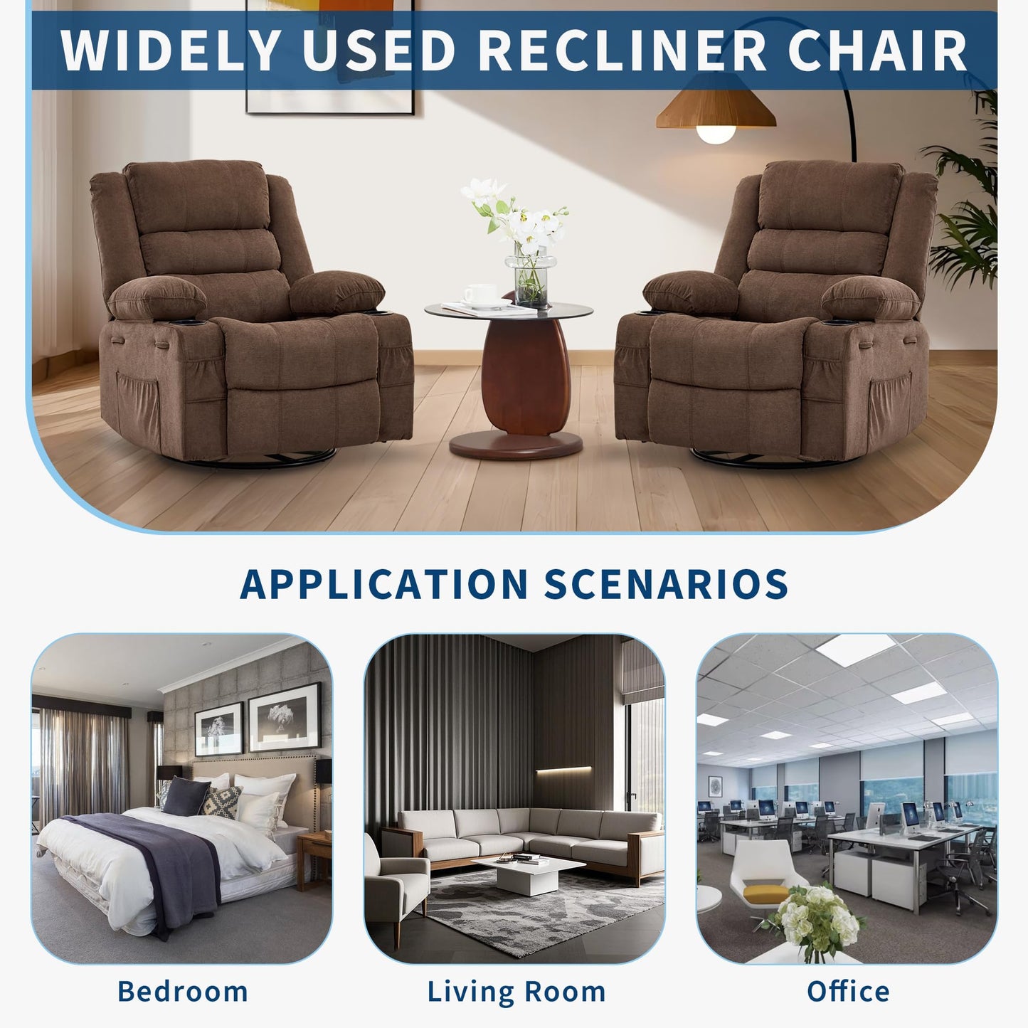 Rocking Recliner Chair for Adults Wide 360° Swivel Rocker Recliner with Cup Holder Nursery Glider with Upholstered Deep Seat Linen Lazy boy Chair for Living Room Browm