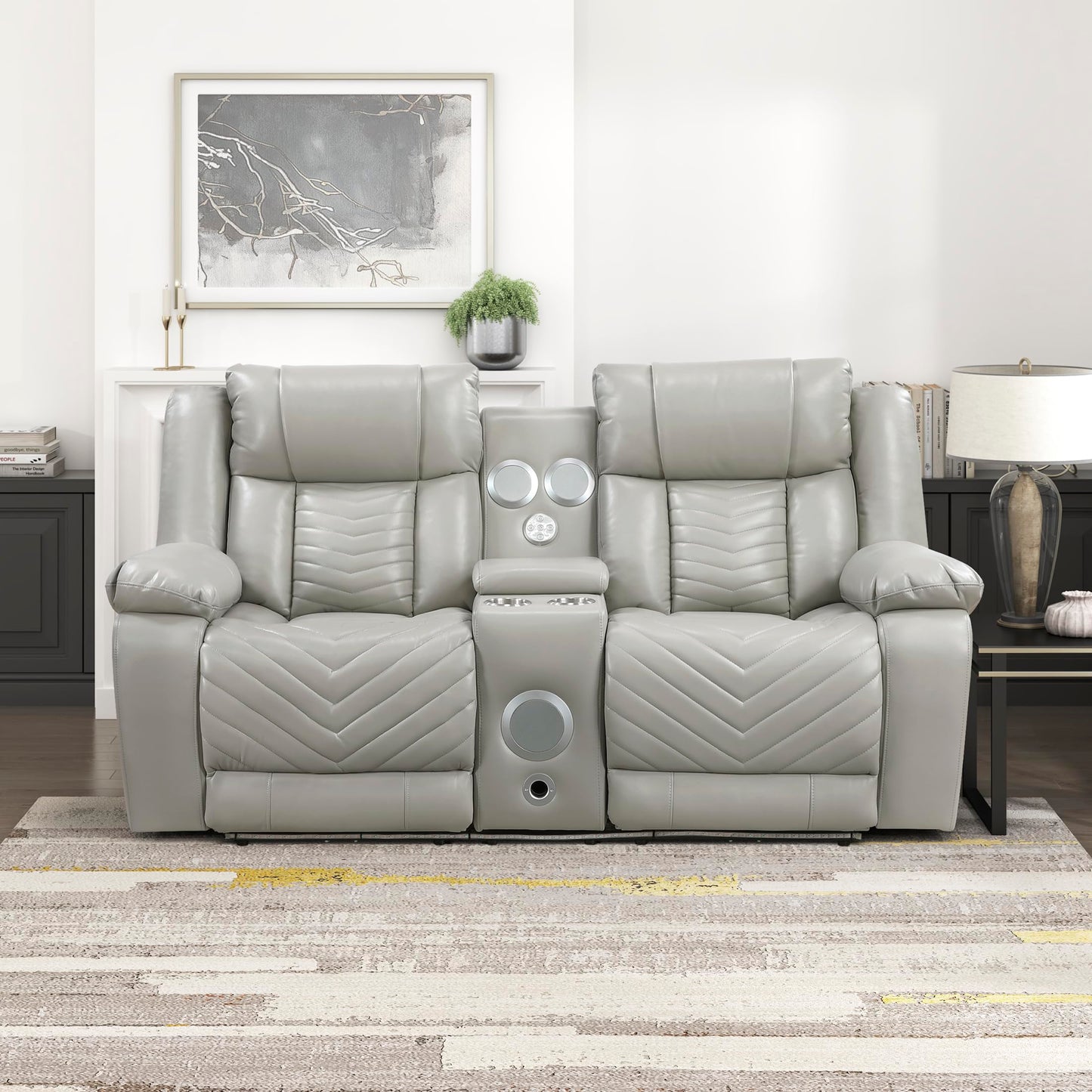 Lexicon Wall Hugger Power Double Reclining Loveseat with Console, Faux Leather Home Theater Seating with LED Lighting, Charging Ports, Bluetooth Speaker Wireless, Cup Holders, Hidden Storage, Gray