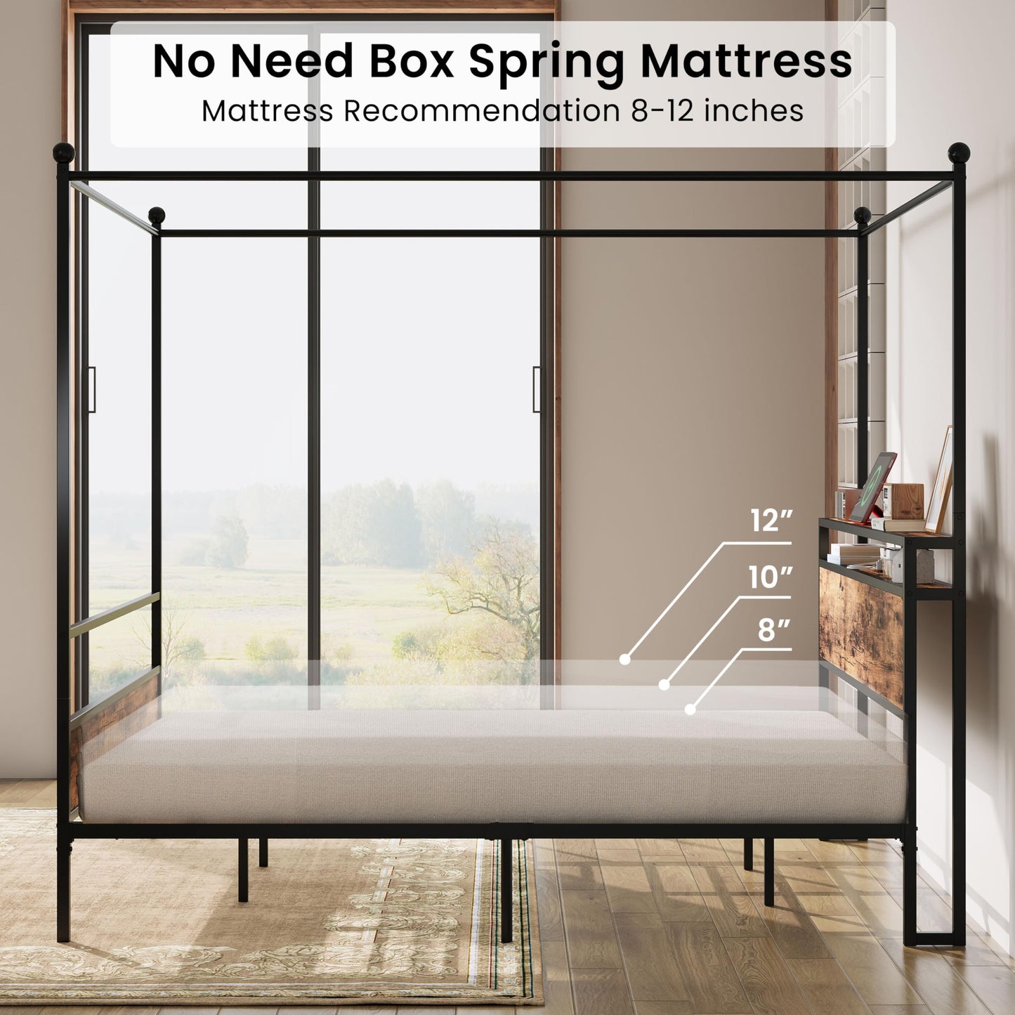 LIKIMIO Canopy Bed Frame King with Storage Headboard & Charging Station, Sturdy Metal Platform Bed with 4 Removable Posts, Dual Purpose Bed Frame, No Box Spring Needed, Noise Free