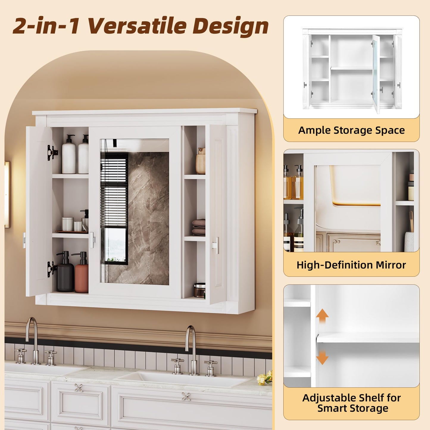 Merax Wall Mounted Bathroom Medicine Cabinet with Mirror, Bathroom Wall Cabinet with Doors and Shelves, 35" x 29" Mirrored Door Over Toilet Storage Cabinet, White