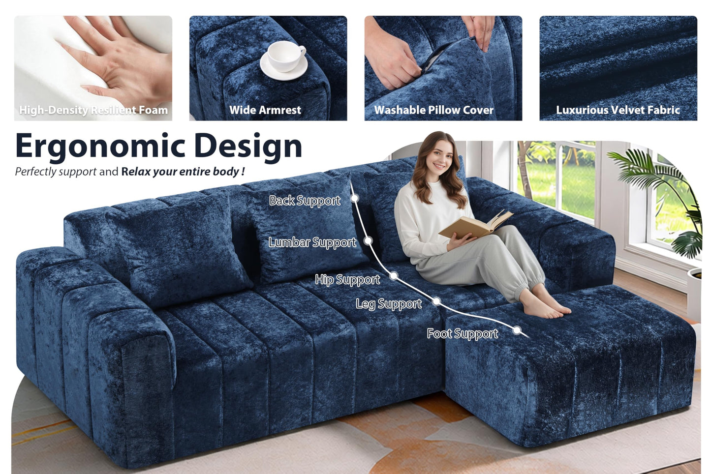 HABUTWAY 95" Modular Sectional Sofa with Chaise, L-Shaped Cloud Couch with Deep Seat, Convertible Upholstered Boneless Couch for Living Room Apartments Bedroom, No Assembly Required, Blue