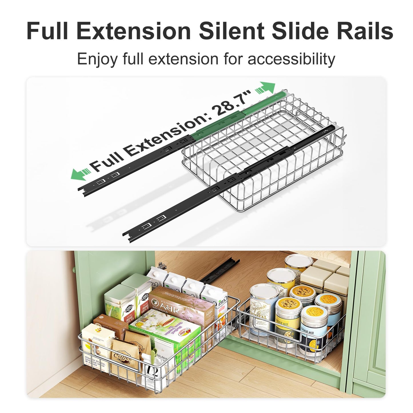 Pull out Cabinet Organizer, Stainless Steel 4-Pack Slide out Drawer with Silent Full-Extension Slides, Adhesive Roll out Can Spice Storage Basket Shelf Rack for Pantry, Kitchen, Bathroom, Home Closet