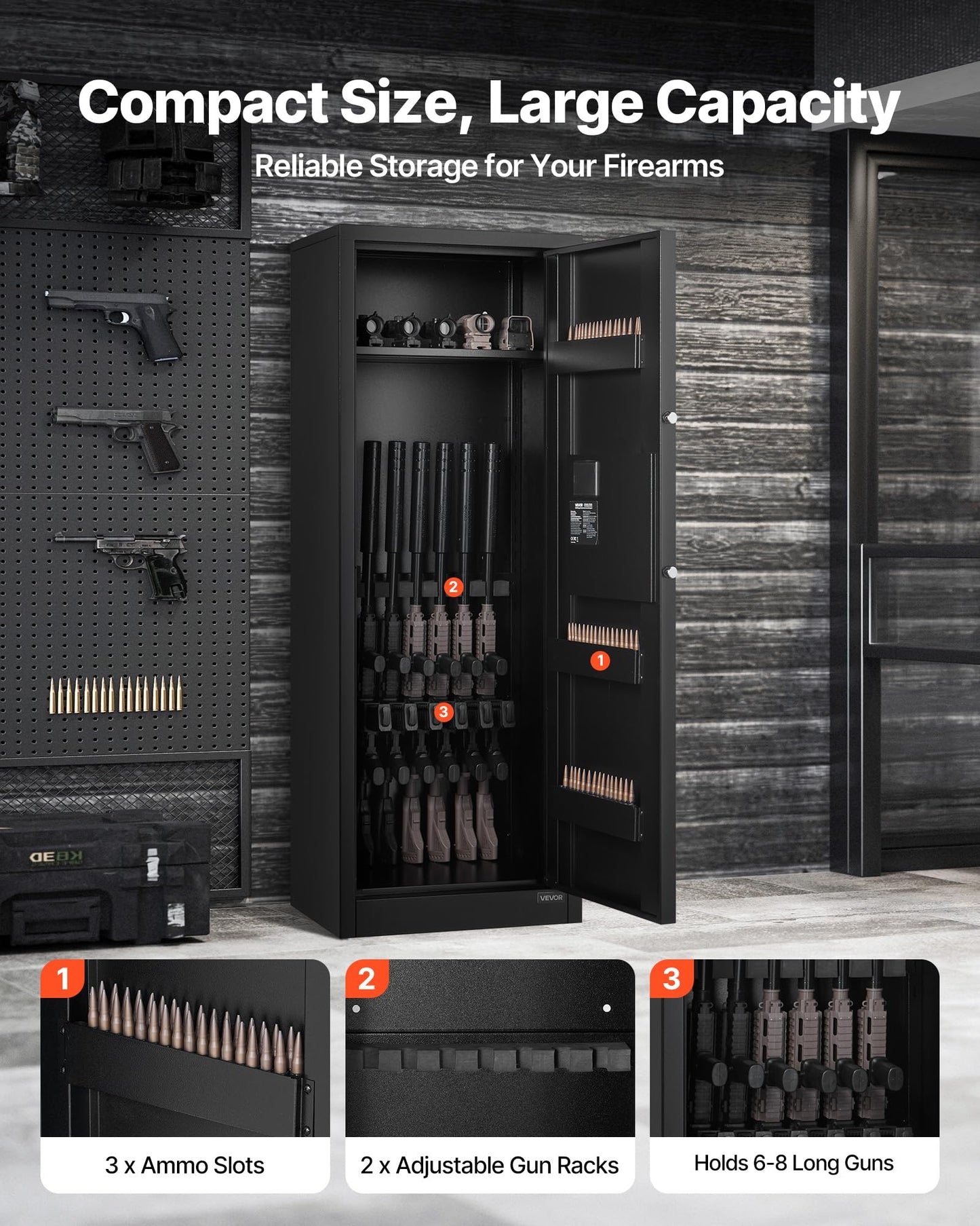 VEVOR 6-8 Gun Safe, Long Gun Cabinet for Rifles and Pistols, Quick Access Rifle Safe with 3 Ammo Slots and 2 Adjustable Racks, Large Digital Cabinet with Key and Password Lock