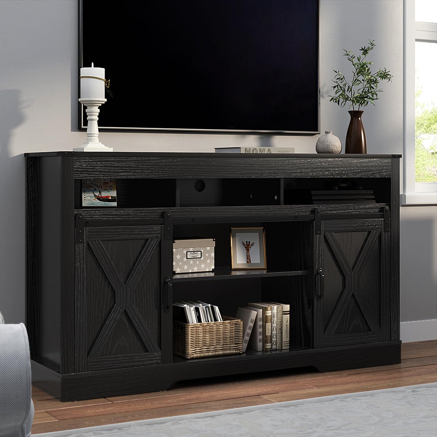 RoyalCraft Farmhouse TV Stand for 65+ Inch TV, Tall Entertainment Center with Storage Cabinets and Sliding Barn Doors, Mid Century Modern Media TV Console Table for Living Room (Black)