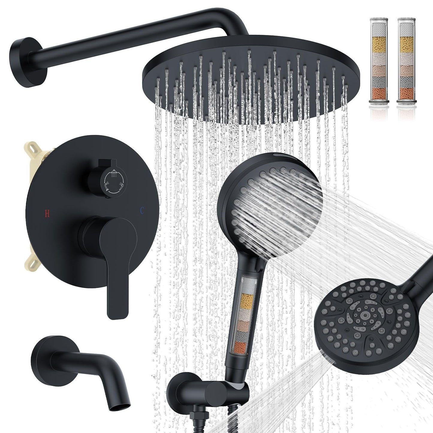 Iriber Mattle Black Bathtub Shower Faucet Set，Bathroom Shower System with Tub Spout ，Filtered Shower Head with Handheld, 9 Spray Mode Showerhead,Shower Valve Trim Kit Contain Cartridge,10 Inch