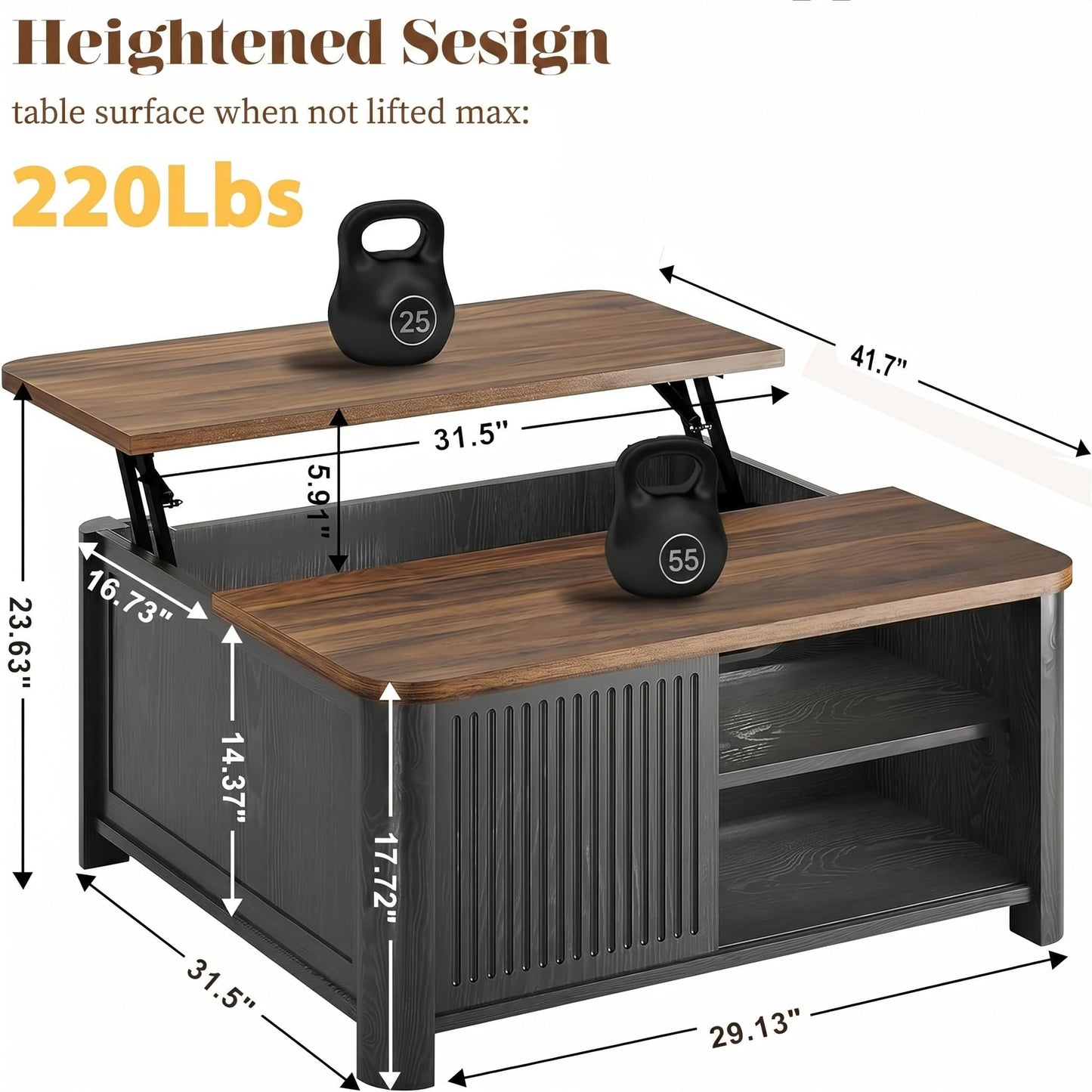 Decofy Lift Top Coffee Table with Storage Mid Century Modern Square Coffee Tables for Living Room, Large Hidden Storage Compartment, Adjustable Shelves & Sliding Door