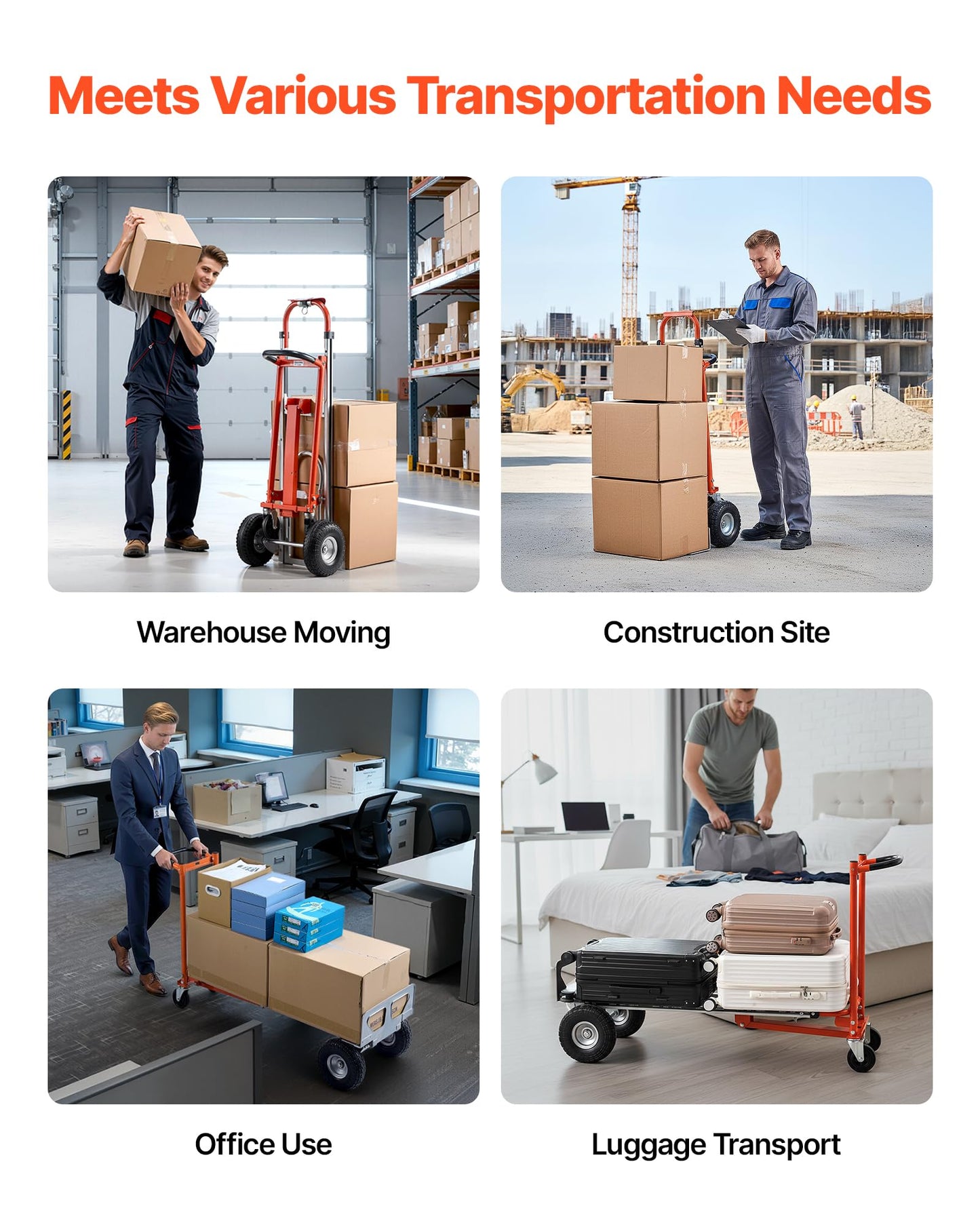 VEVOR 4 in 1 Hand Truck, 1000 lbs Load Capacity for 4-Wheel Mode, Convertible Hand Truck Dolly with Non-Slip Handle & Wheels, Aluminum Alloy Portable Trolley Dolly for Moving Home, Office, Warehouse